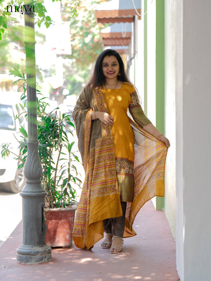 Yellow & Light Brown Semi Patola Unstitched Top, Bottom & Dupatta -MDB12004