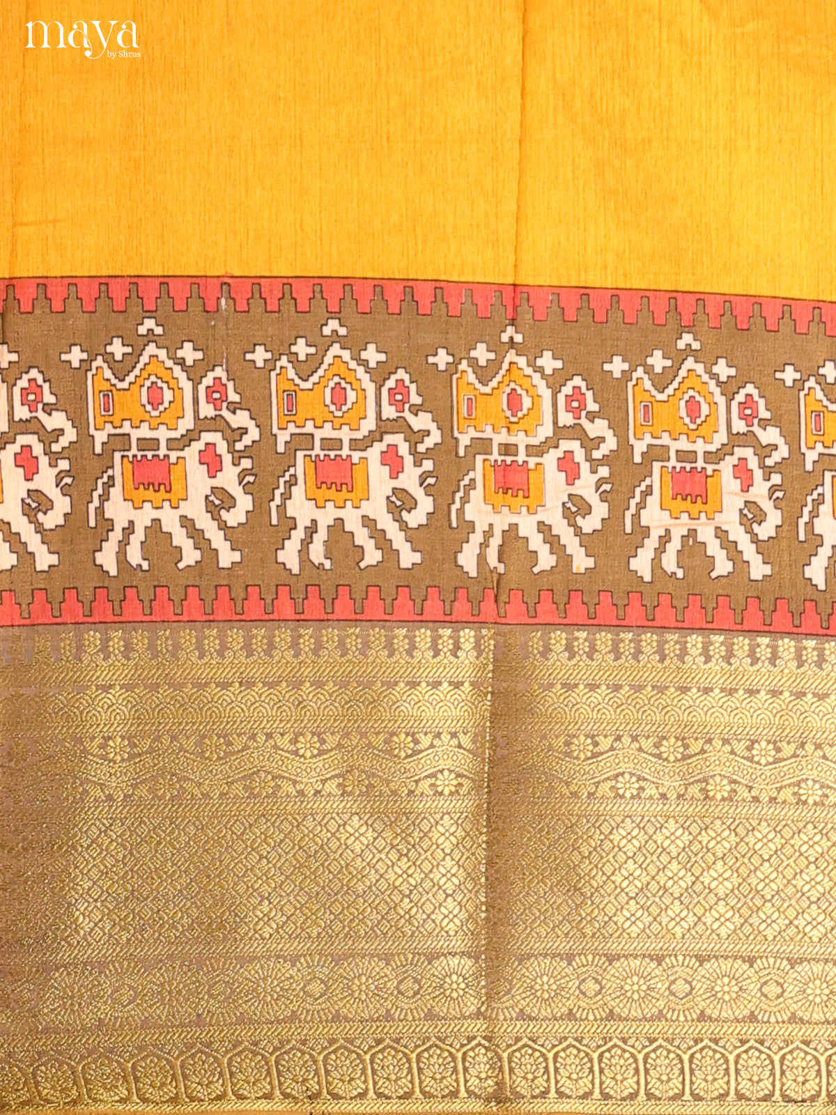 Yellow & Light Brown Semi Patola Unstitched Top, Bottom & Dupatta -MDB12004