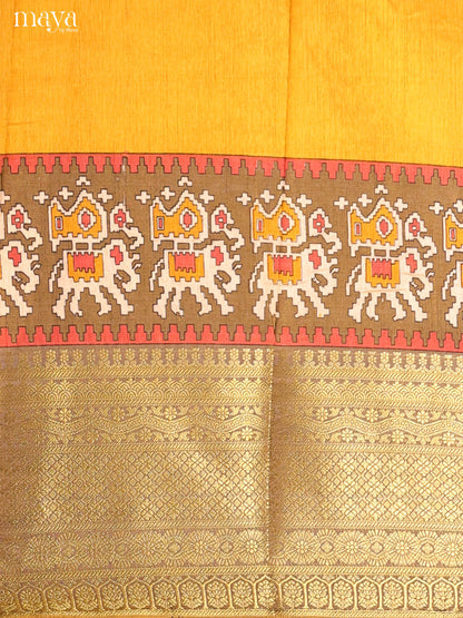 Yellow & Light Brown Semi Patola Unstitched Top, Bottom & Dupatta -MDB12004