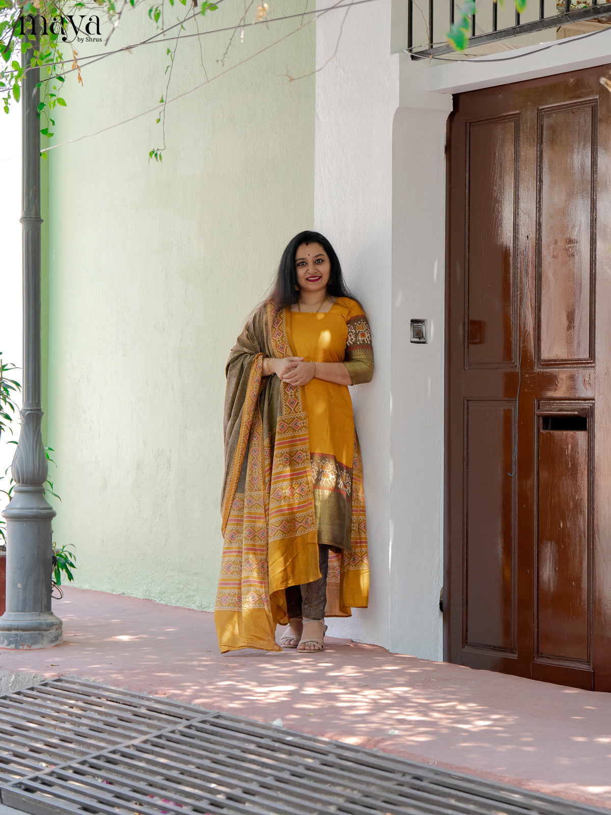 Yellow & Light Brown Semi Patola Unstitched Top, Bottom & Dupatta -MDB12004