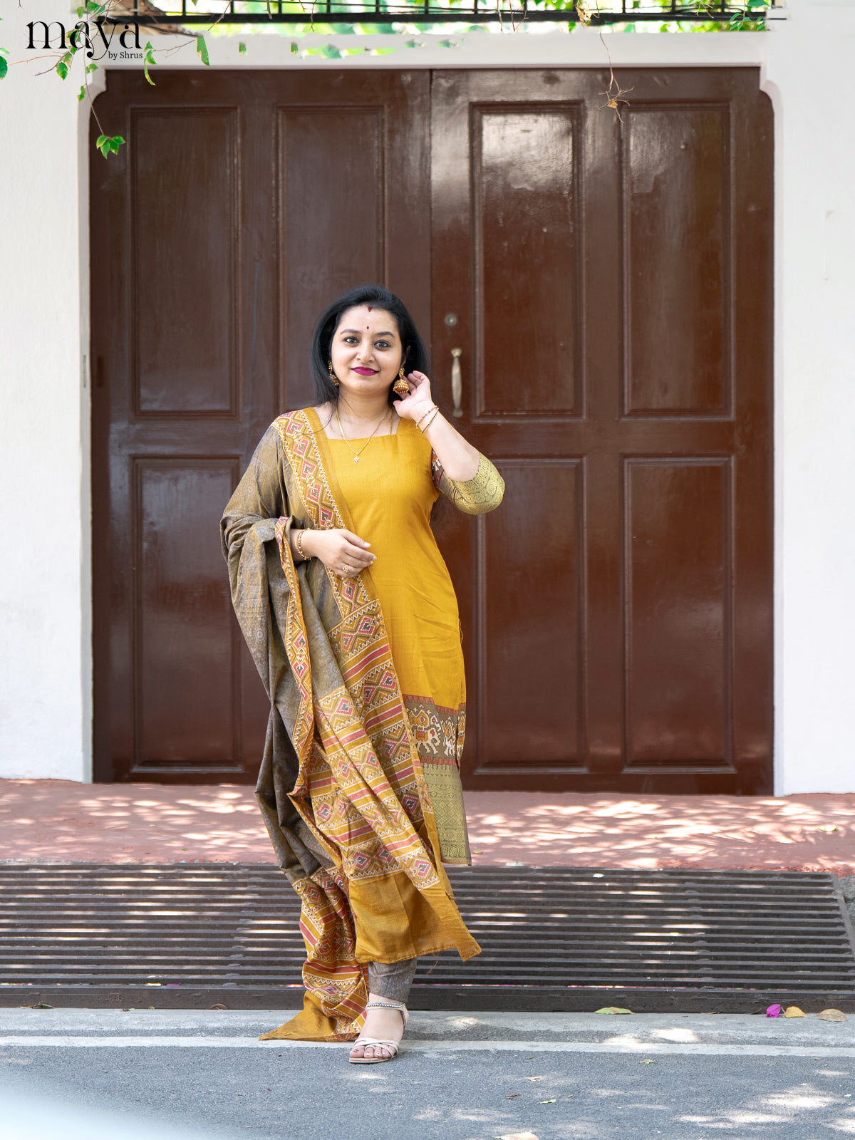 Yellow & Light Brown Semi Patola Unstitched Top, Bottom & Dupatta -MDB12004