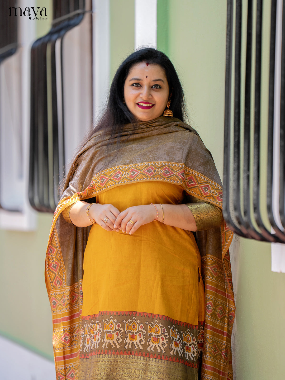 Yellow & Light Brown Semi Patola Unstitched Top, Bottom & Dupatta -MDB12004