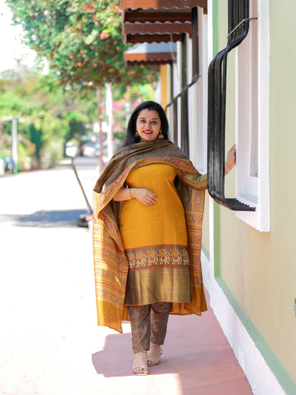 Yellow & Light Brown Semi Patola Unstitched Top, Bottom & Dupatta -MDB12004