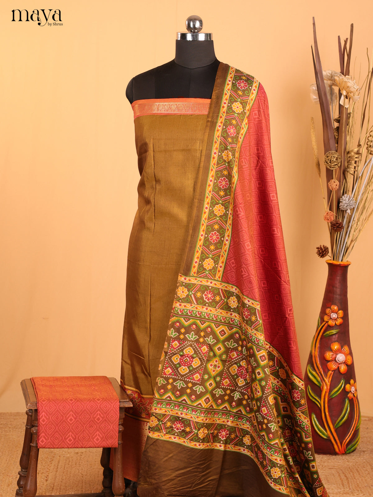 Mehandi Green & Reddish orange Semi Patola Unstitched Top, Bottom & Dupatta - MDB12006