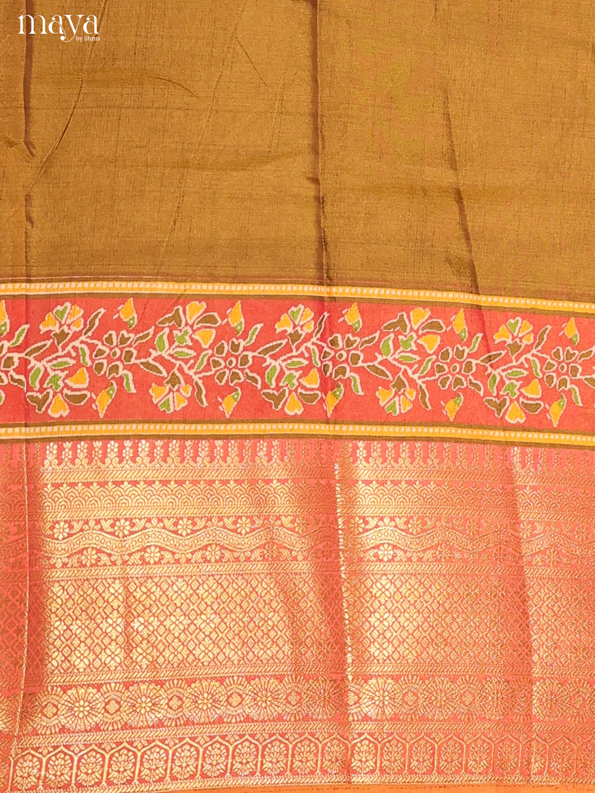 Mehandi Green & Reddish orange Semi Patola Unstitched Top, Bottom & Dupatta - MDB12006
