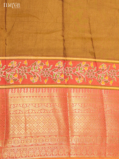 Mehandi Green & Reddish orange Semi Patola Unstitched Top, Bottom & Dupatta - MDB12006
