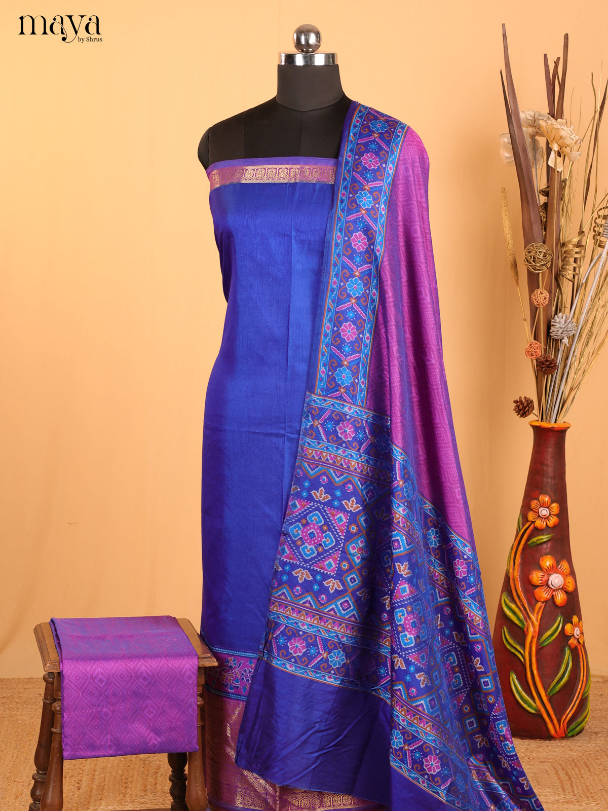 Blue & Purple Semi Patola Unstitched Top, Bottom & Dupatta - MDB12007