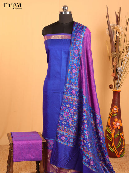 Blue & Purple Semi Patola Unstitched Top, Bottom & Dupatta - MDB12007