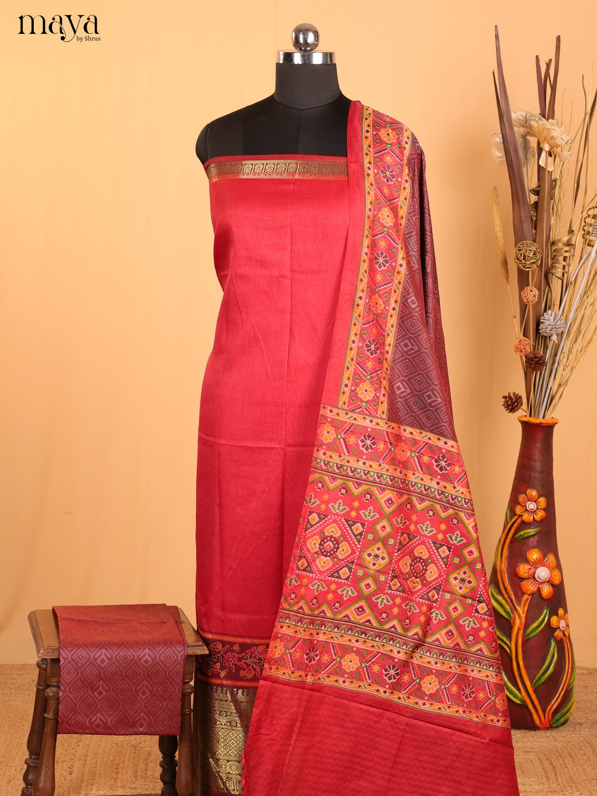 pink & Mauve Pink Semi Patola Unstitched Top, Bottom & Dupatta - MDB12008