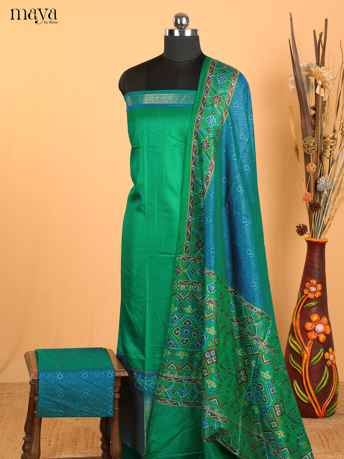 Green & Blue Semi Patola Unstitched Top, Bottom & Dupatta - MDB12009