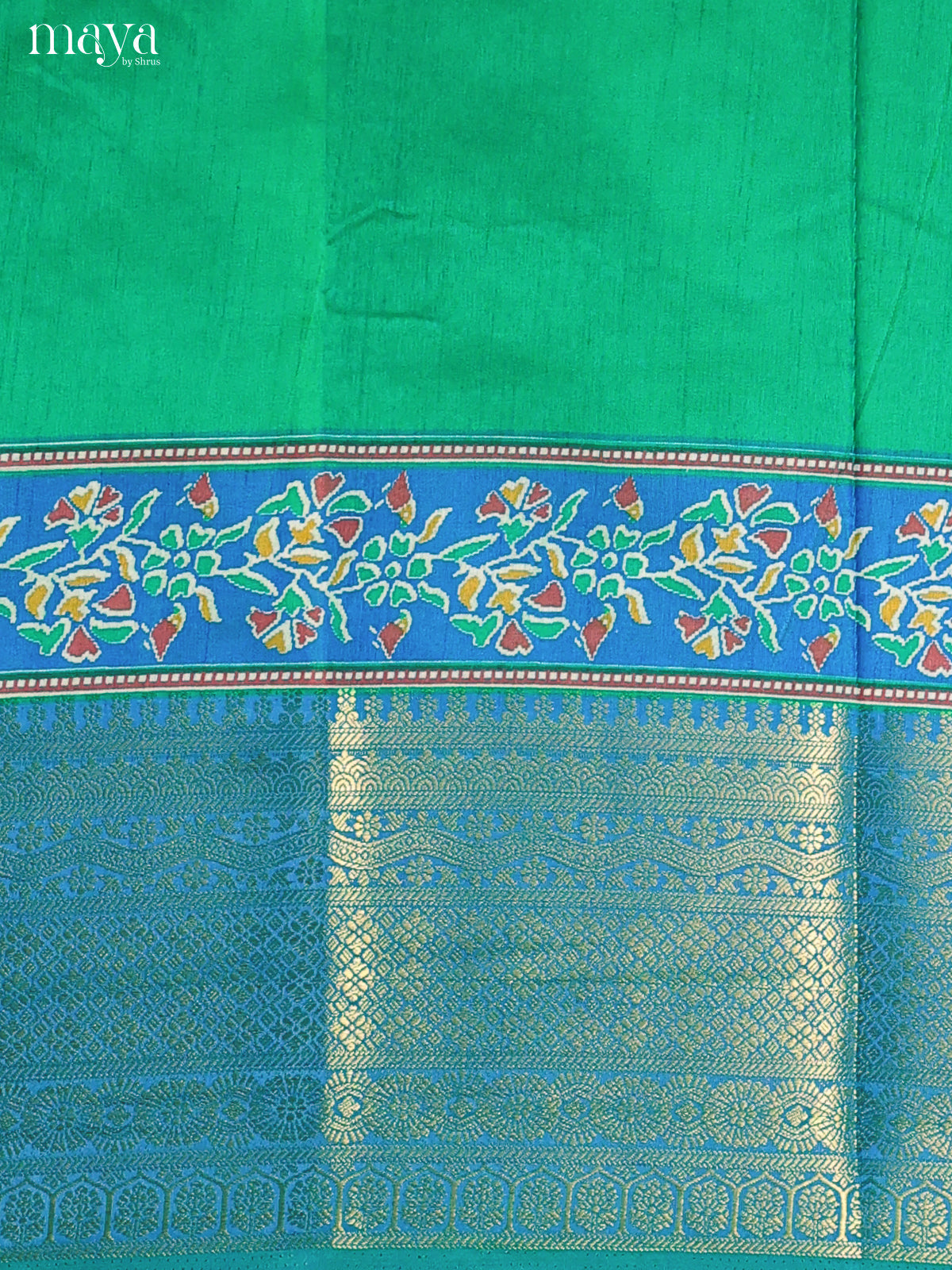 Green & Blue Semi Patola Unstitched Top, Bottom & Dupatta - MDB12009