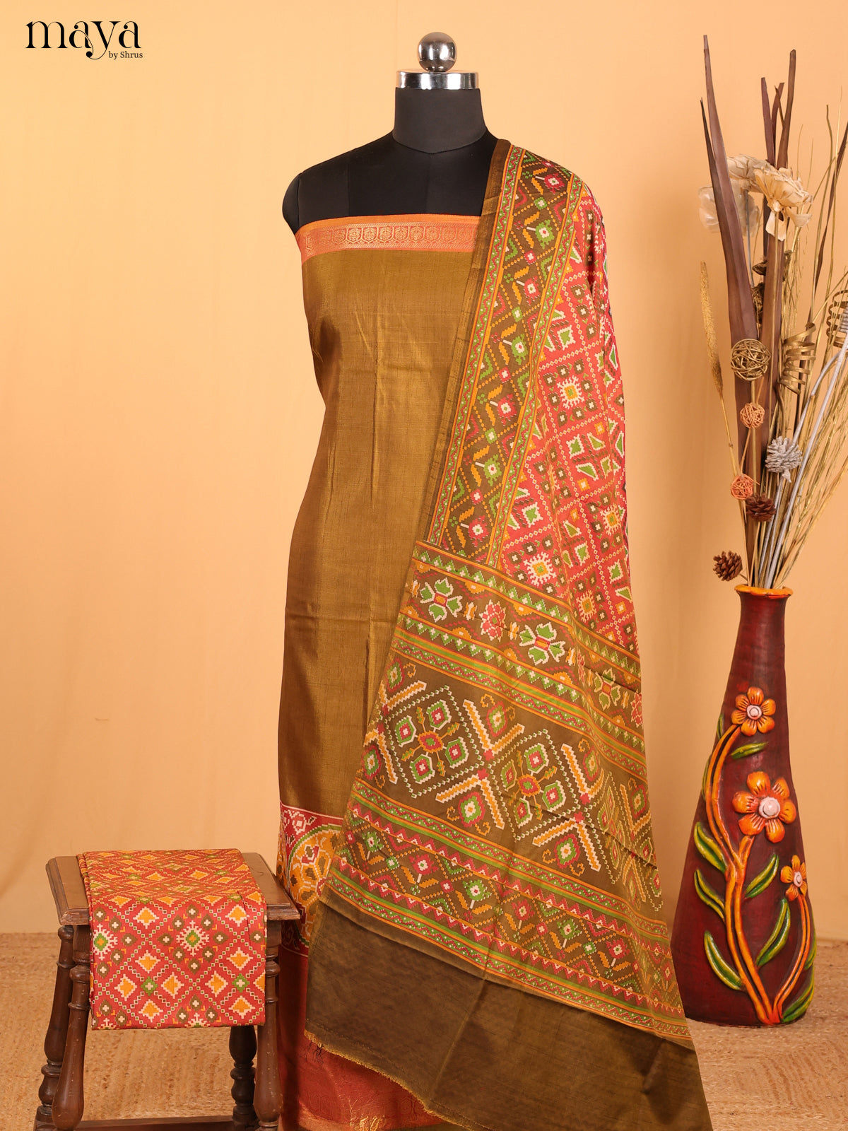 Green & Red Semi Patola Unstitched Top, Bottom & Dupatta - MDB12010