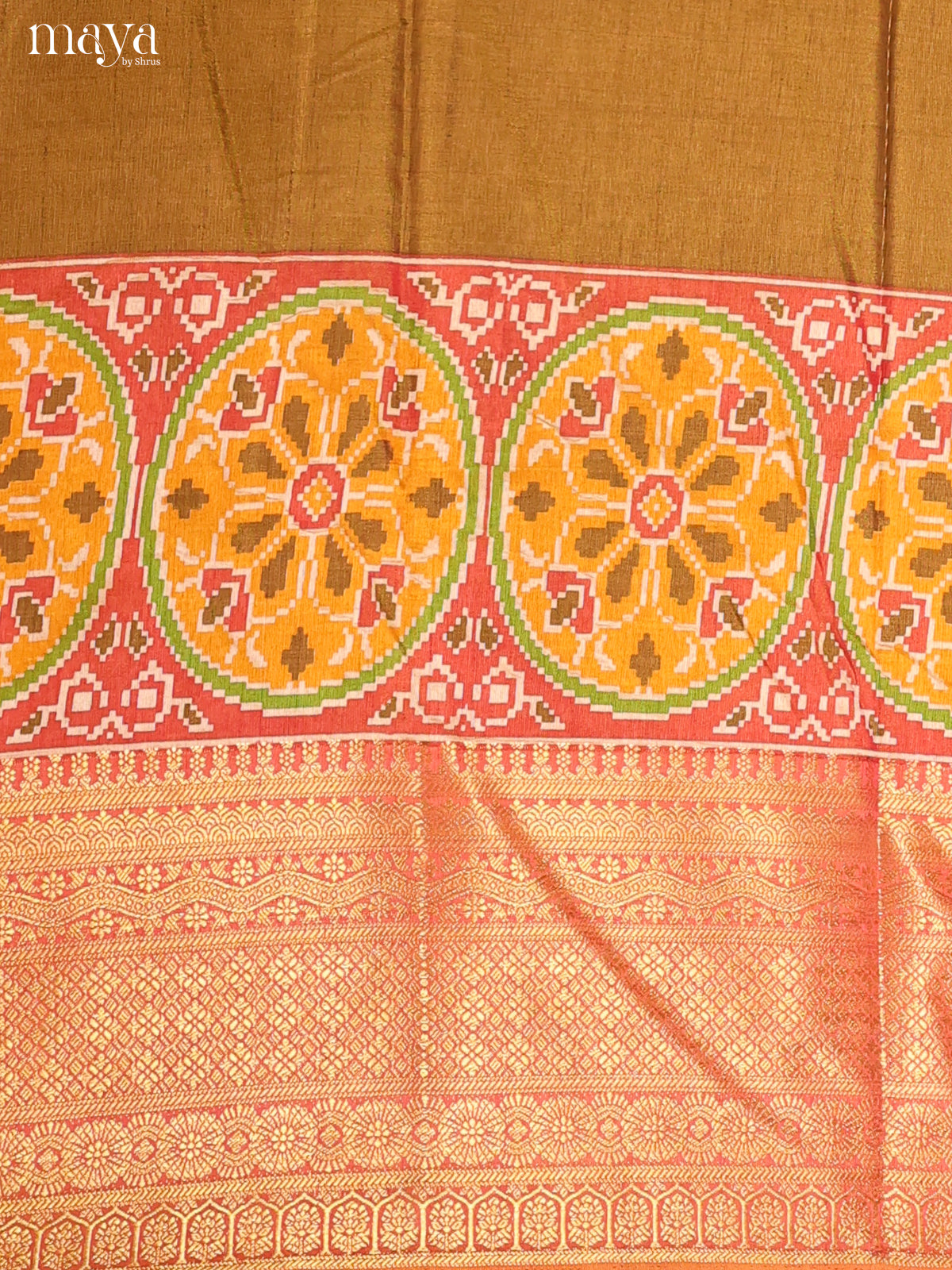 Green & Red Semi Patola Unstitched Top, Bottom & Dupatta - MDB12010