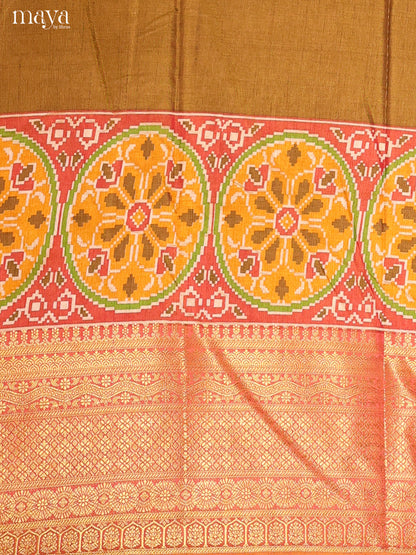 Green & Red Semi Patola Unstitched Top, Bottom & Dupatta - MDB12010