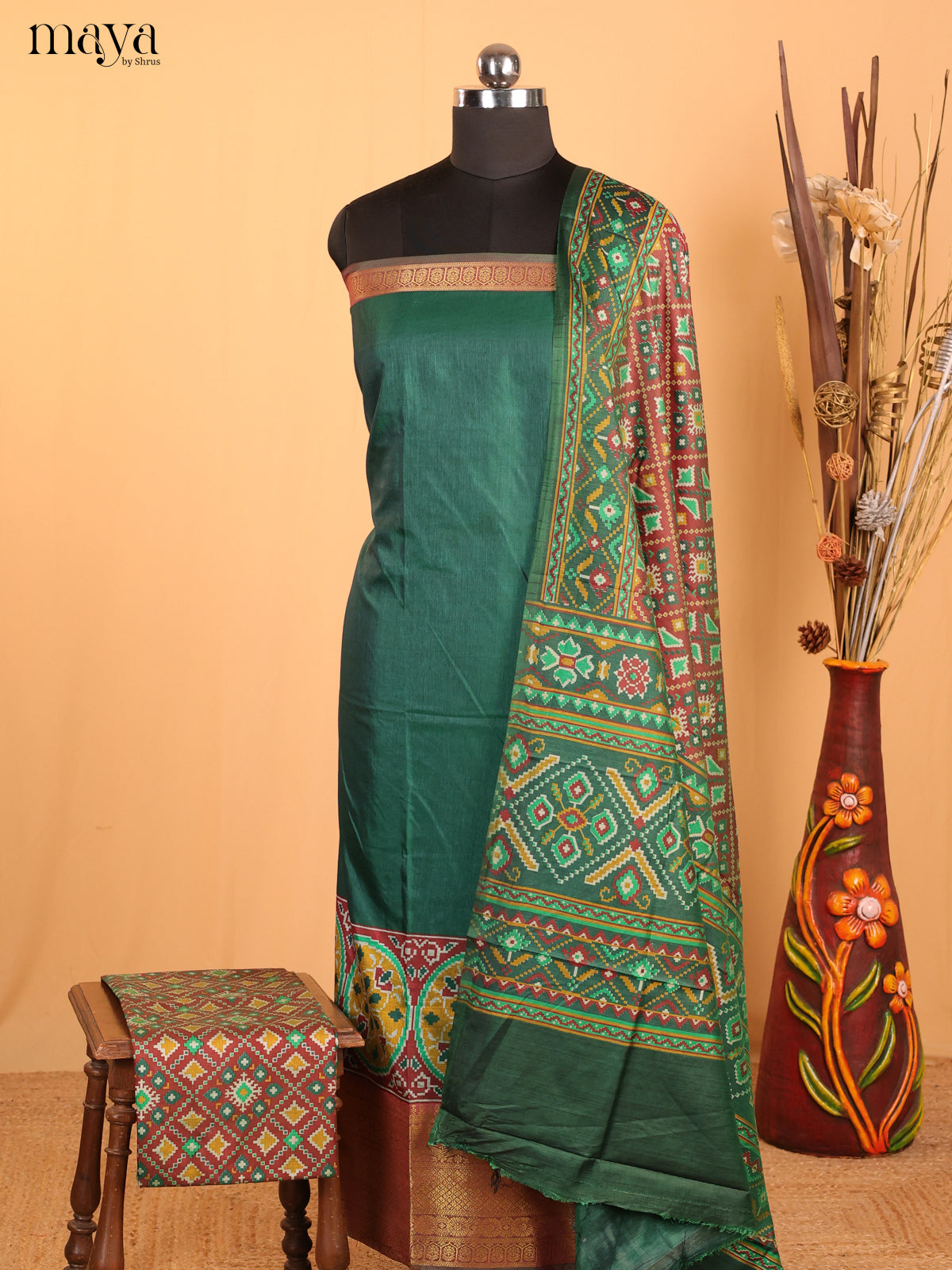 Peacock Blue & Maroon Semi Patola Unstitched Top, Bottom & Dupatta - MDB12011