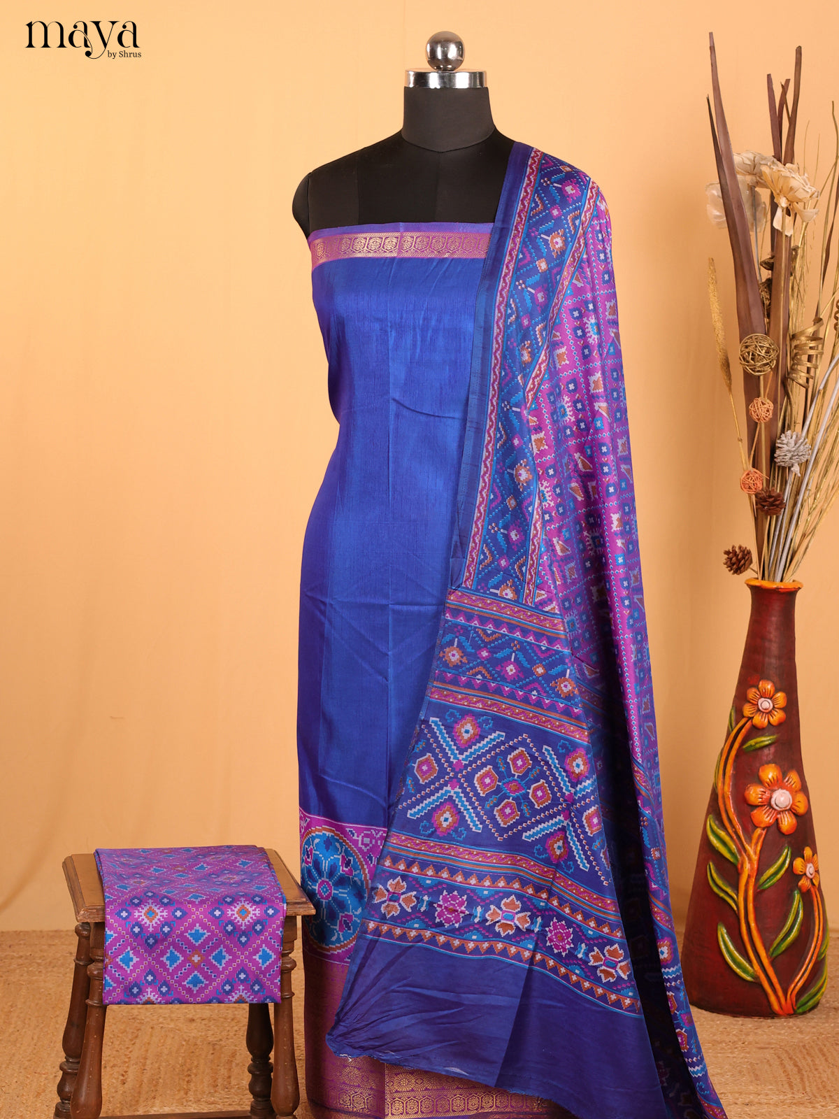 Blue & Purple Semi Patola Unstitched Top, Bottom & Dupatta - MDB12012