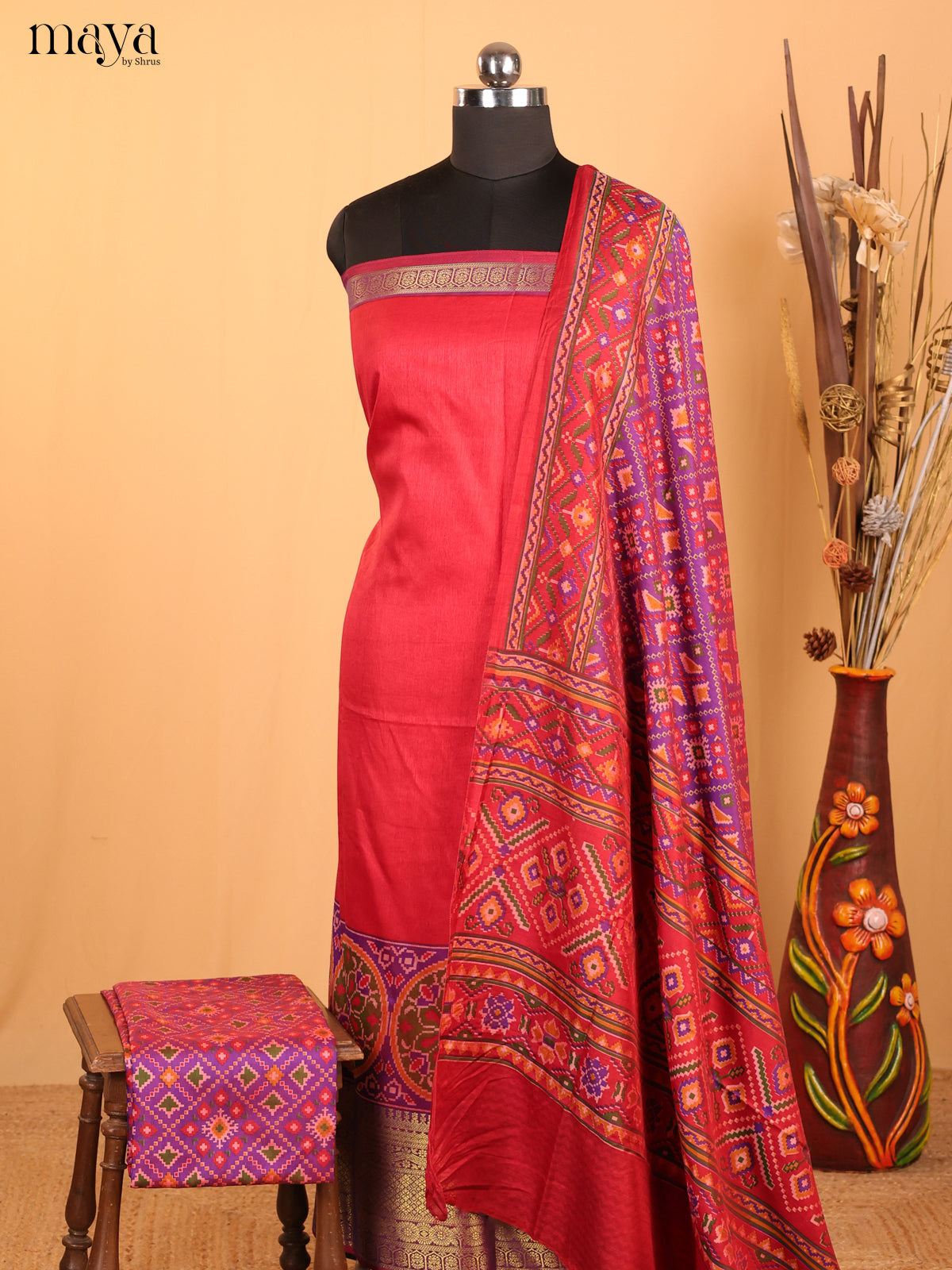 Pink & Purple Semi Patola Unstitched Top, Bottom & Dupatta - MDB12013