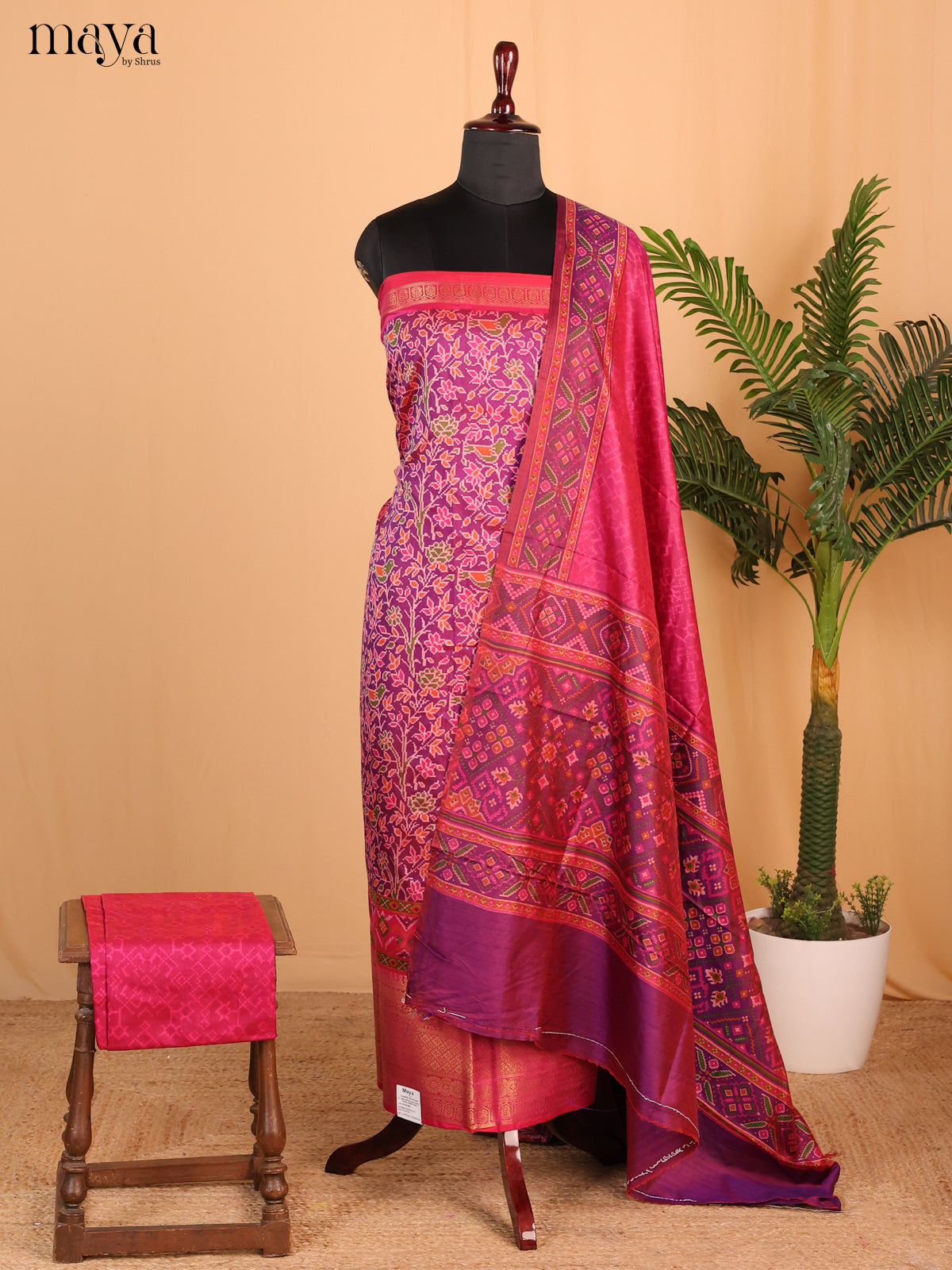 Purple & Dark Pink Semi Patola Unstitched Top, Bottom & Dupatta - MDB15001