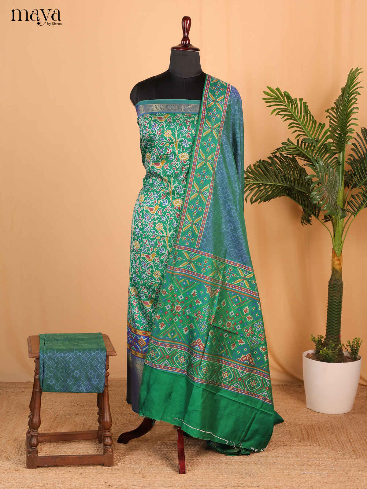 Green & Teal Blue Semi Patola Unstitched Top, Bottom & Dupatta - MDB15002