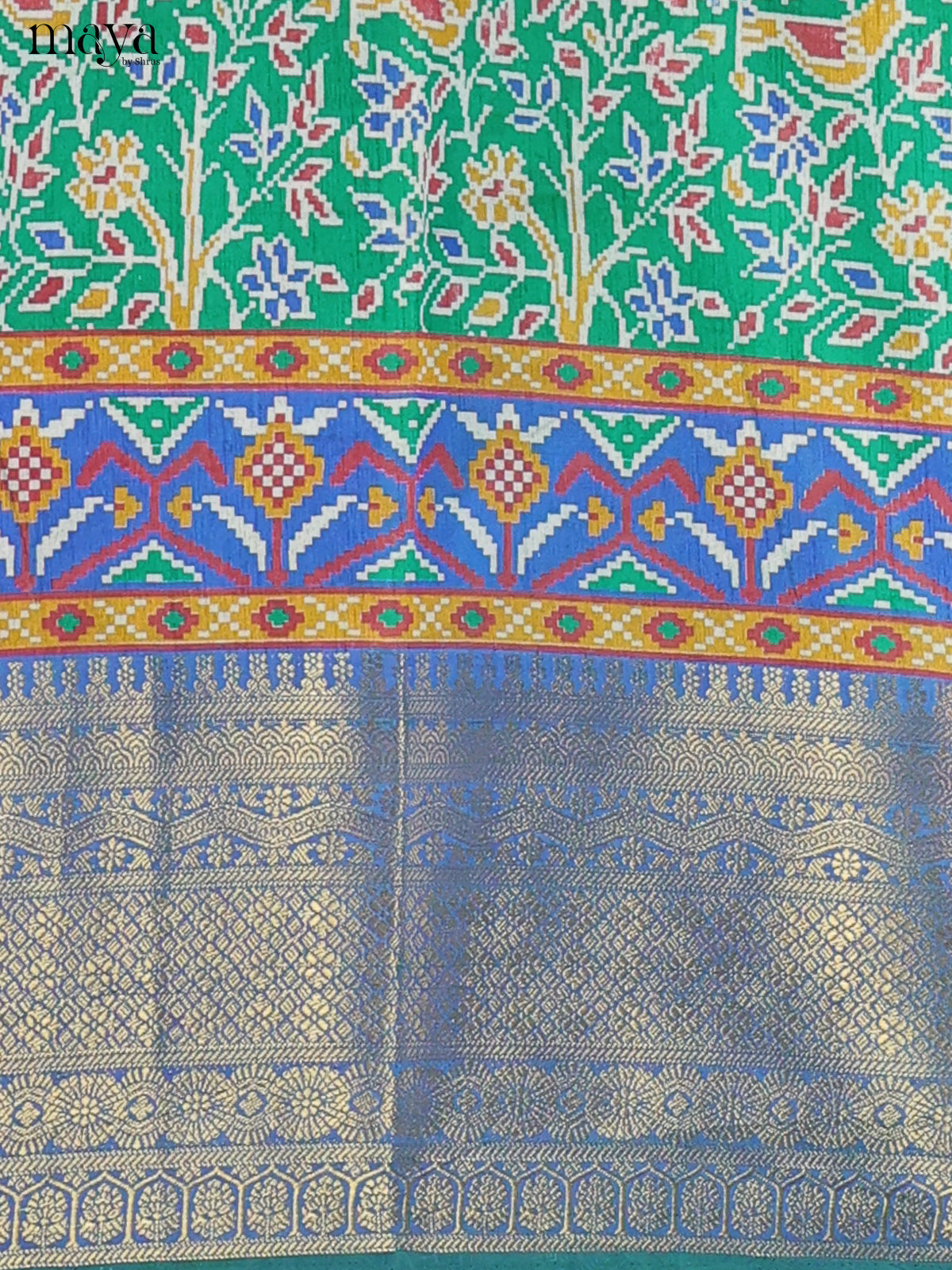 Green & Teal Blue Semi Patola Unstitched Top, Bottom & Dupatta - MDB15002