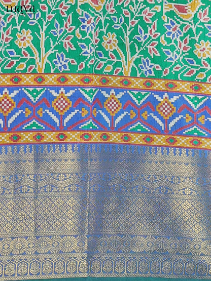 Green & Teal Blue Semi Patola Unstitched Top, Bottom & Dupatta - MDB15002