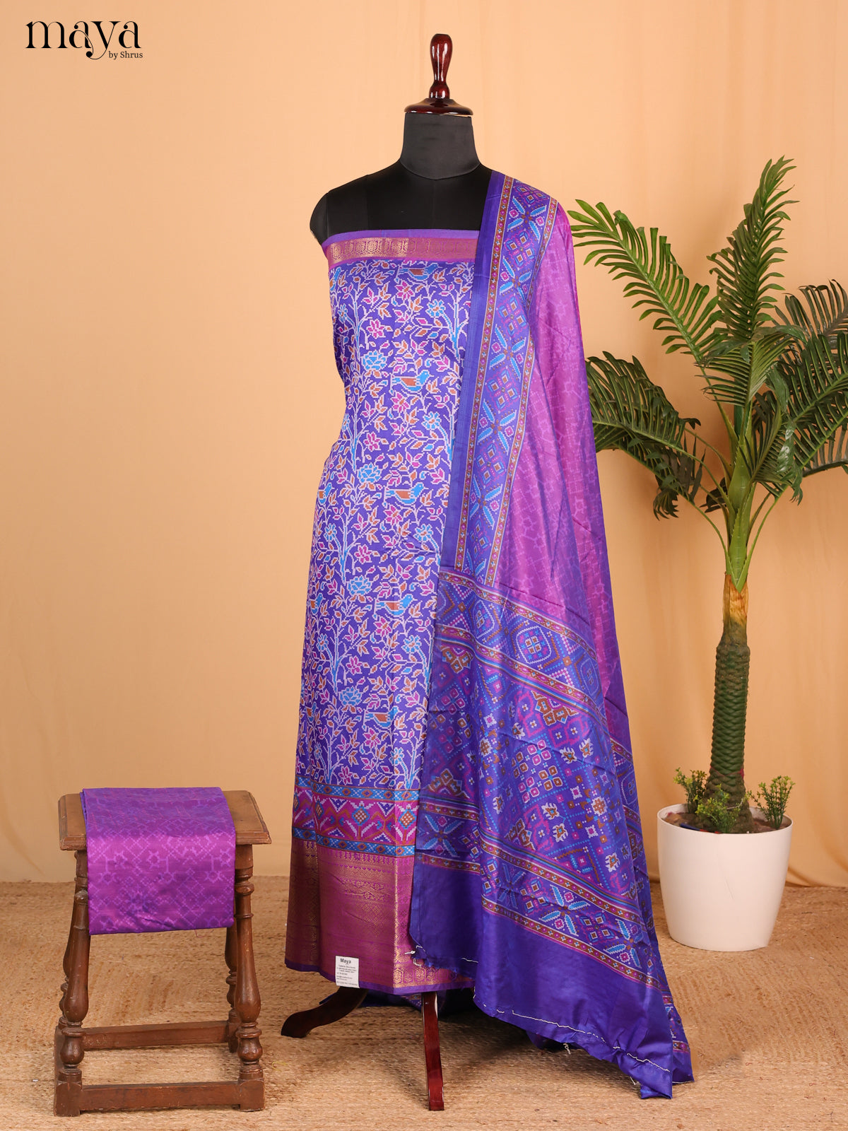 Royal Blue & Violet Semi Patola Unstitched Top, Bottom & Dupatta -MDB15003