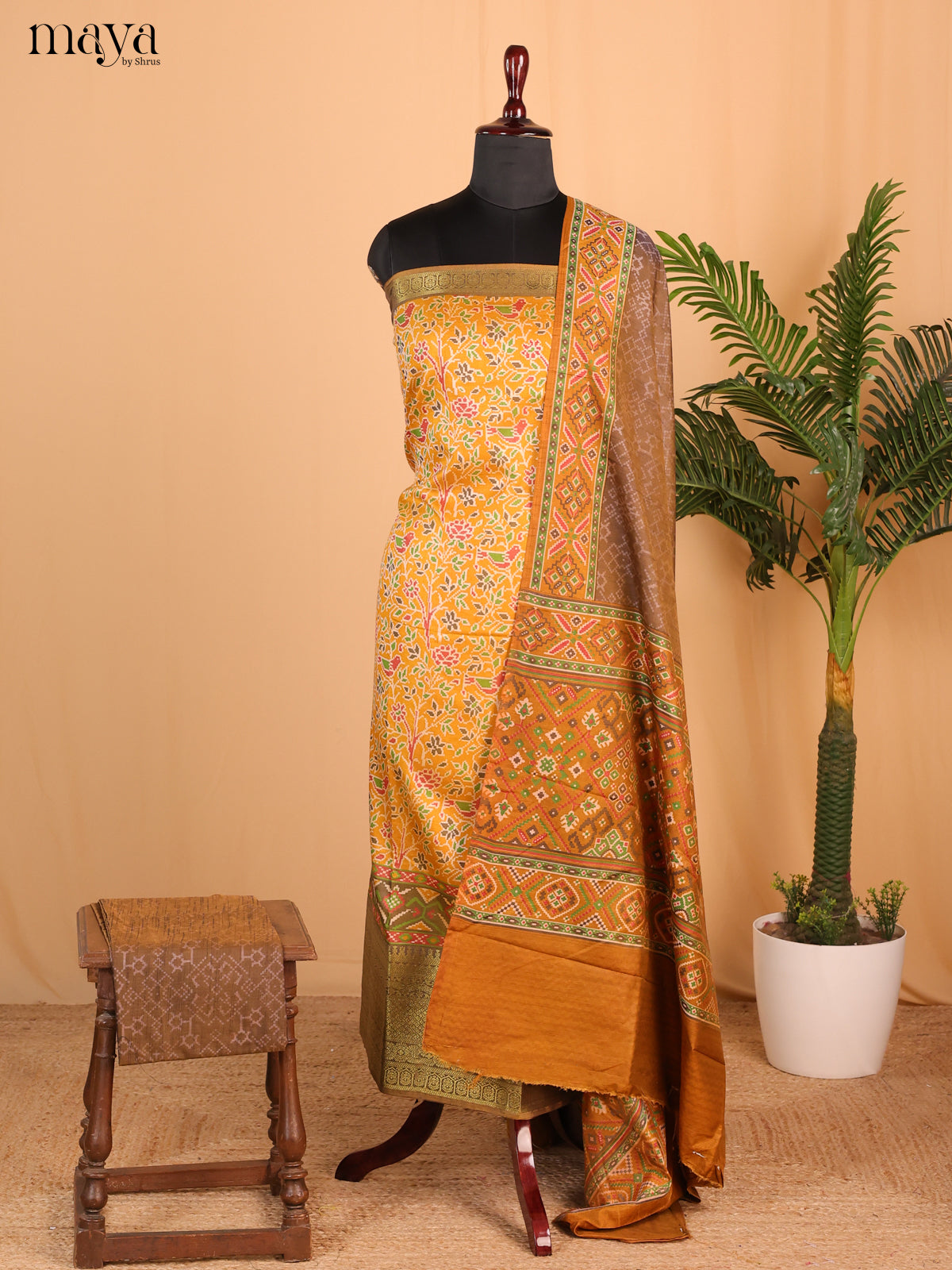 Mustard Yellow & Beige Brown Semi Patola Unstitched Top, Bottom & Dupatta - MDB15004