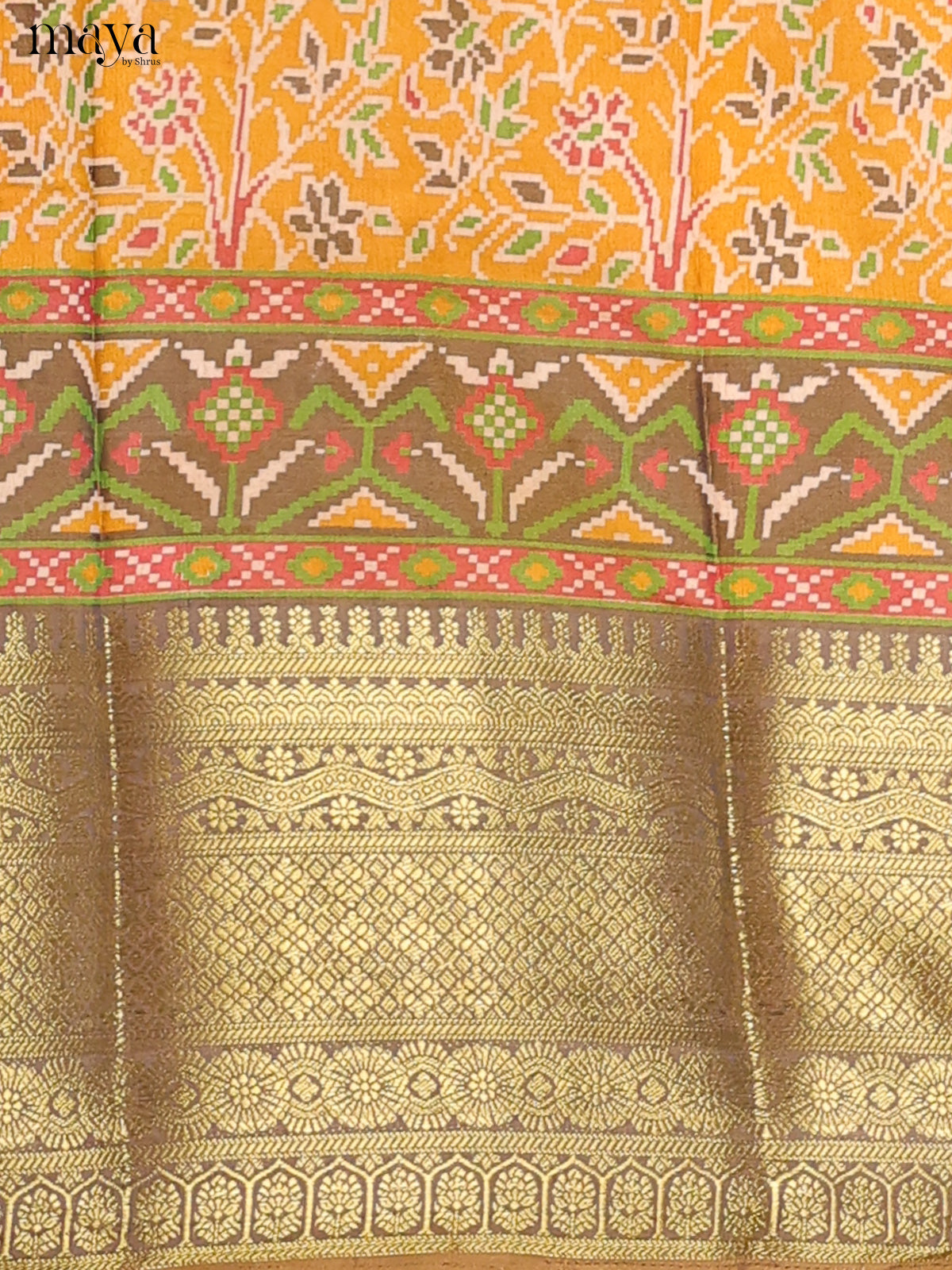 Mustard Yellow & Beige Brown Semi Patola Unstitched Top, Bottom & Dupatta - MDB15004