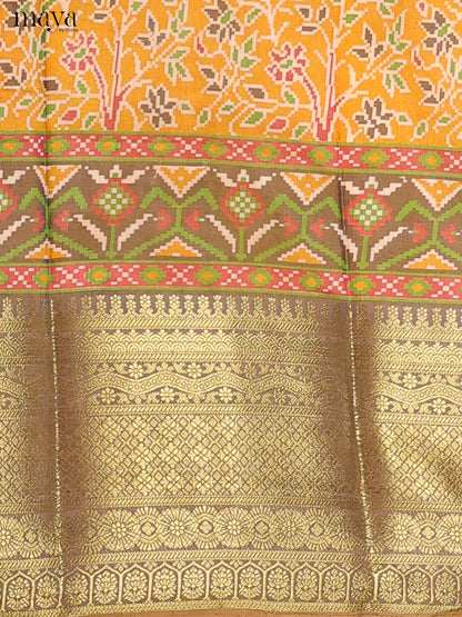 Mustard Yellow & Beige Brown Semi Patola Unstitched Top, Bottom & Dupatta - MDB15004