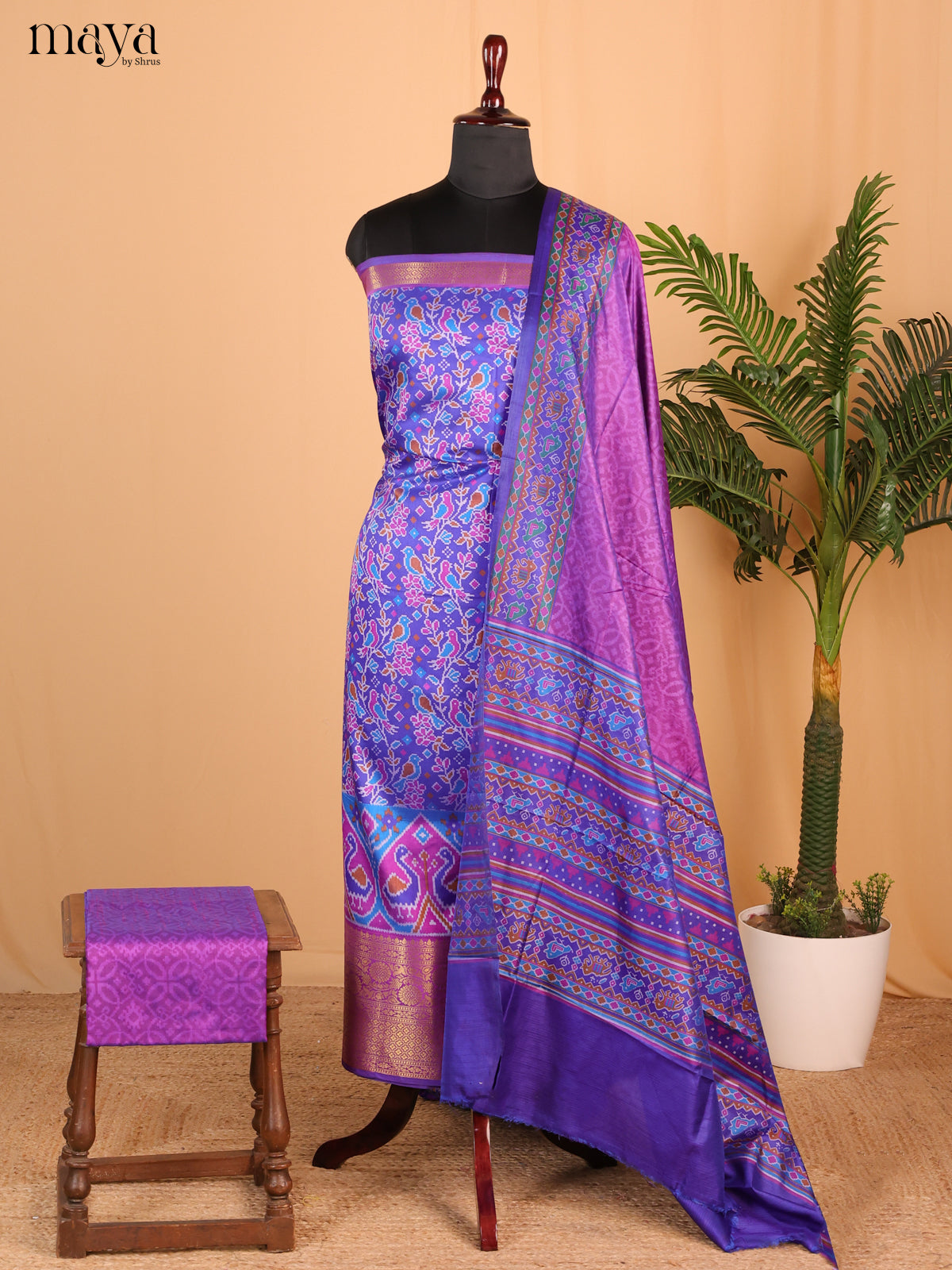 Royal blue & Purple Semi Patola Unstitched Top, Bottom & Dupatta - MDB15005