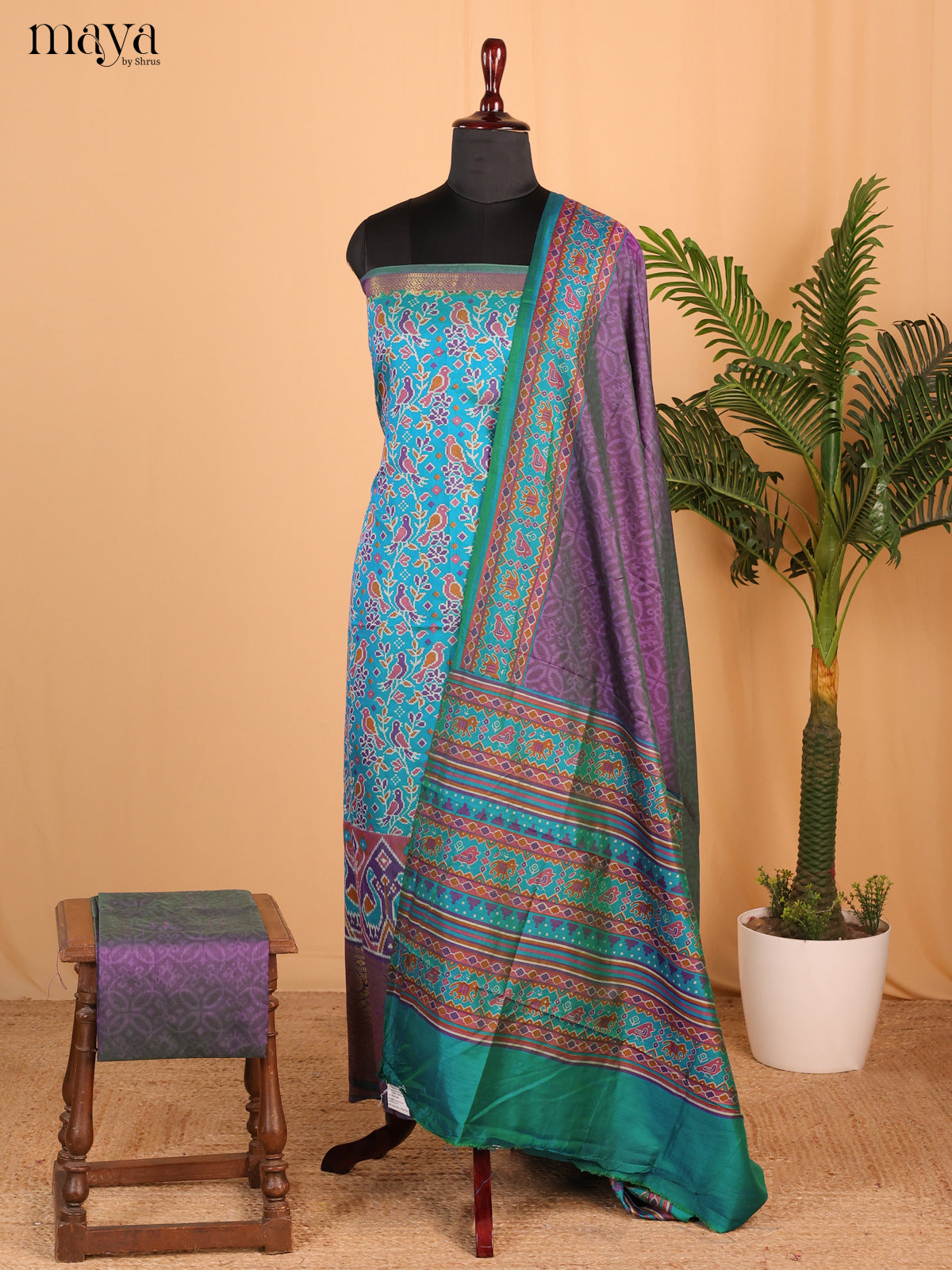 Blue & Purple Semi Patola Unstitched Top, Bottom & Dupatta - MDB15006