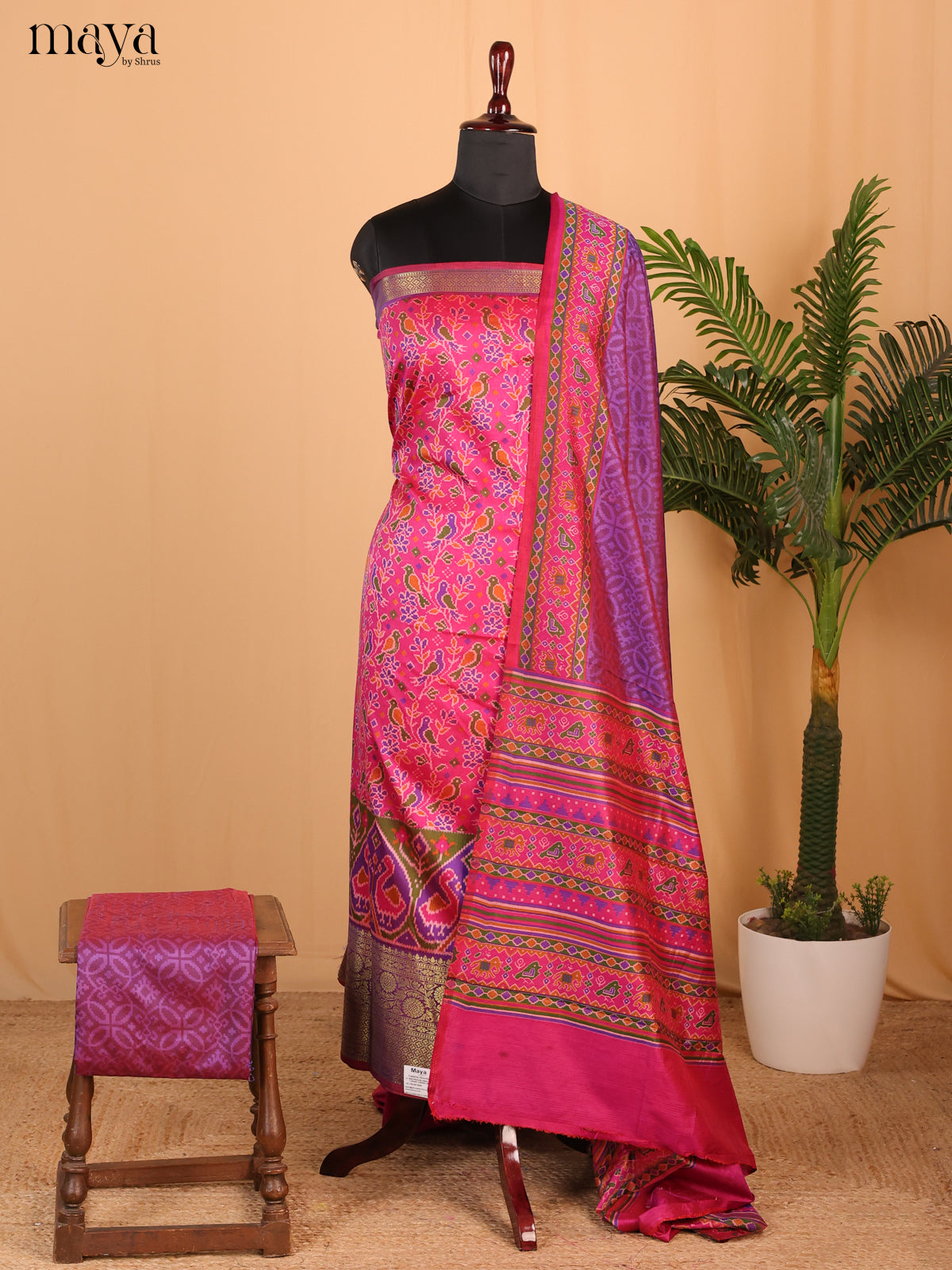 Magenta & Purple Semi Patola Unstitched Top, Bottom & Dupatta - MDB15007