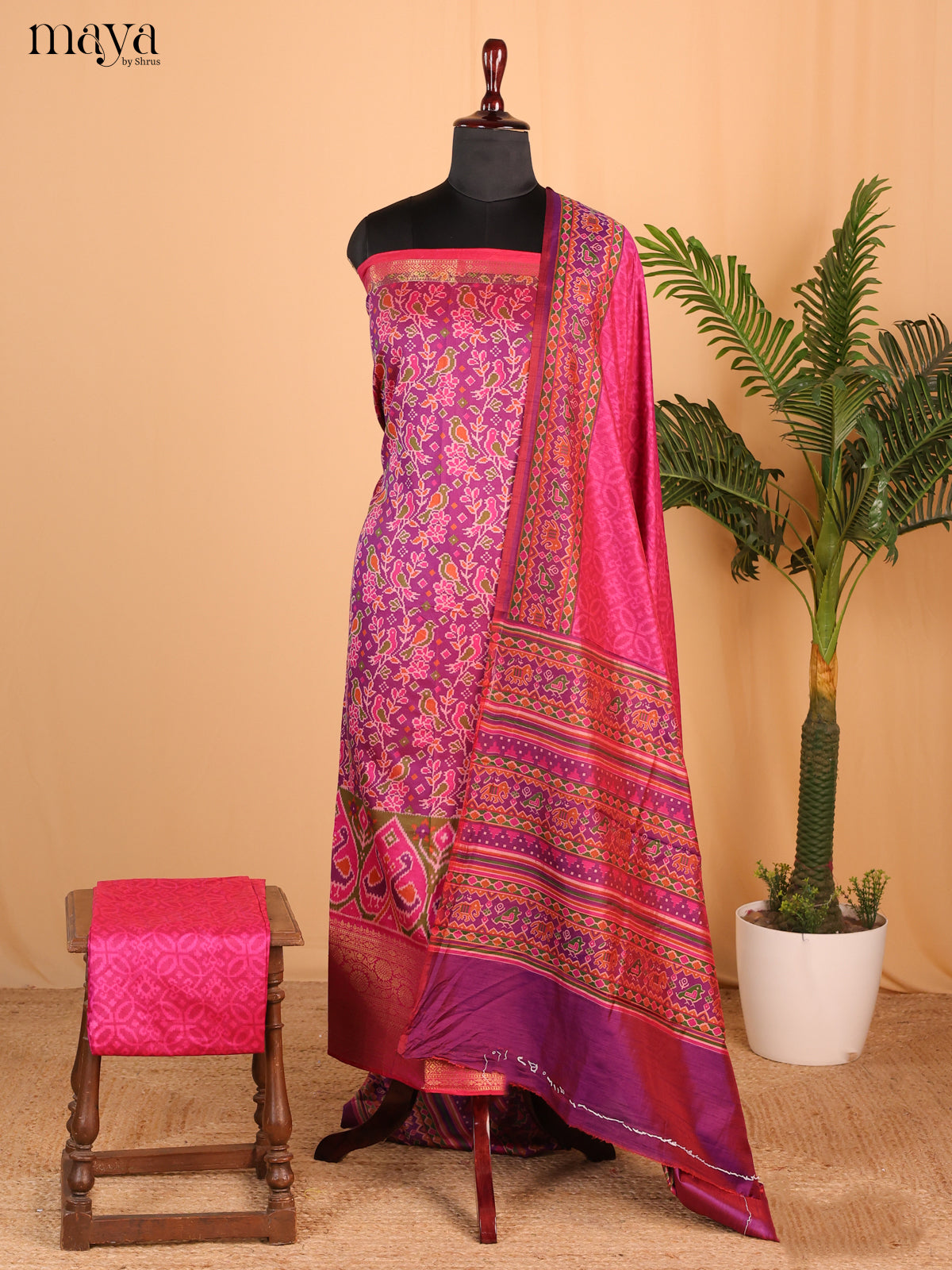 purple & Dark Magenta Semi Patola Unstitched Top, Bottom & Dupatta - MDB15008