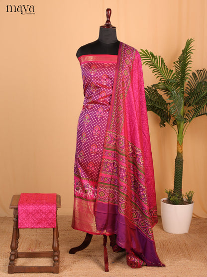 Purple & Dark Pink Semi Patola Unstitched Top, Bottom & Dupatta -MDB15009