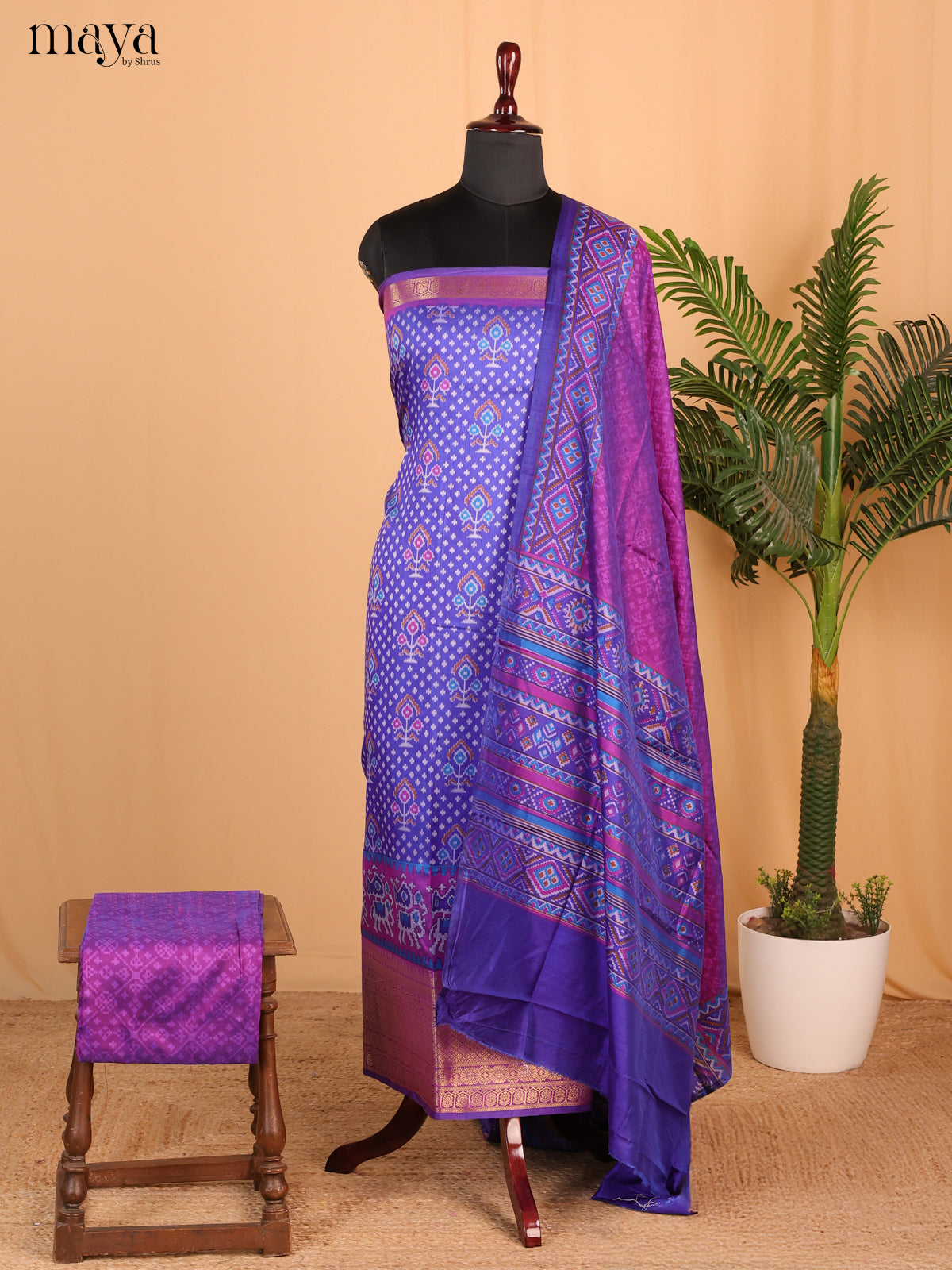 Royal Blue & Purple Semi Patola Unstitched Top, Bottom & Dupatta - MDB15010