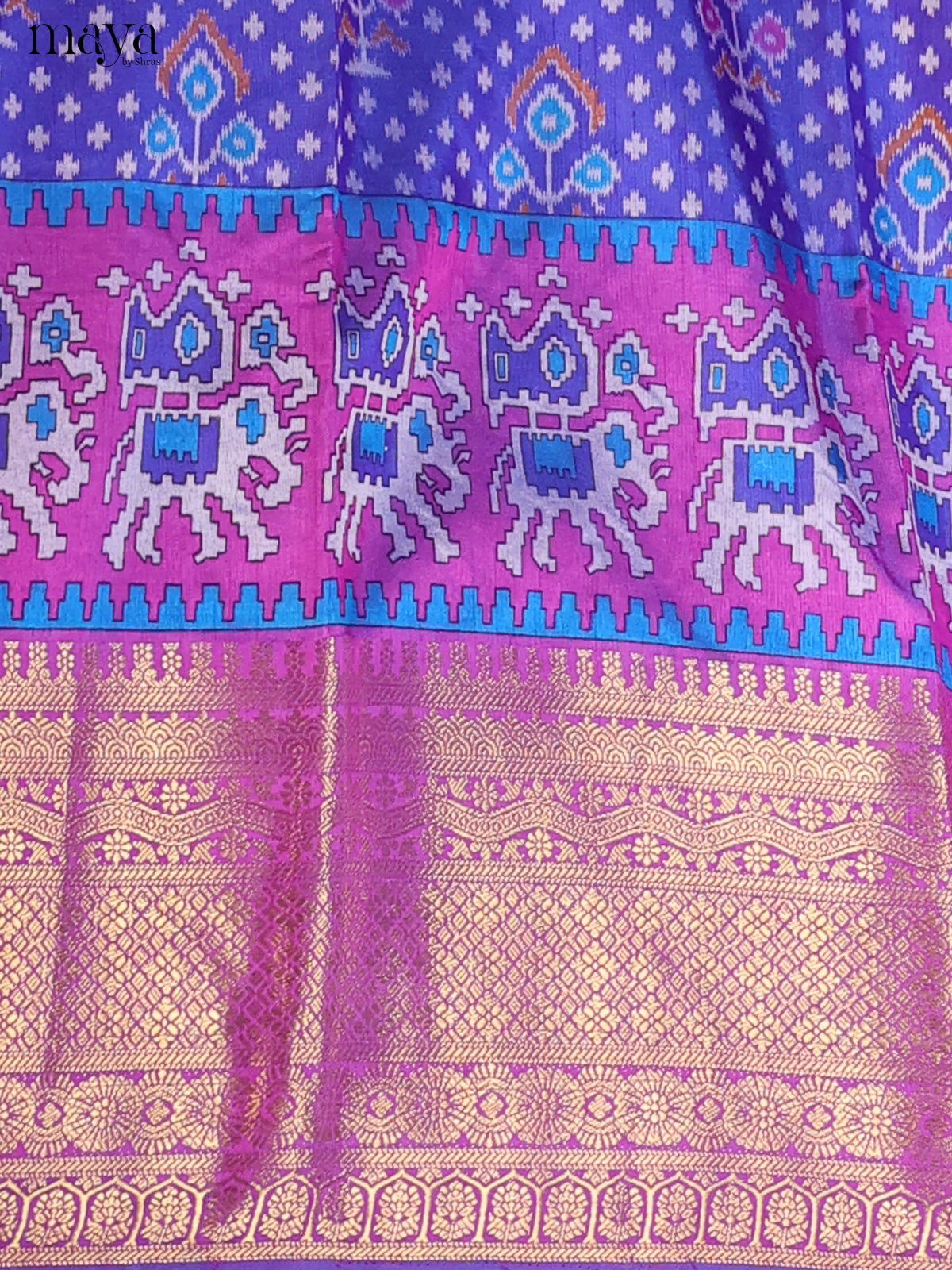 Royal Blue & Purple Semi Patola Unstitched Top, Bottom & Dupatta - MDB15010