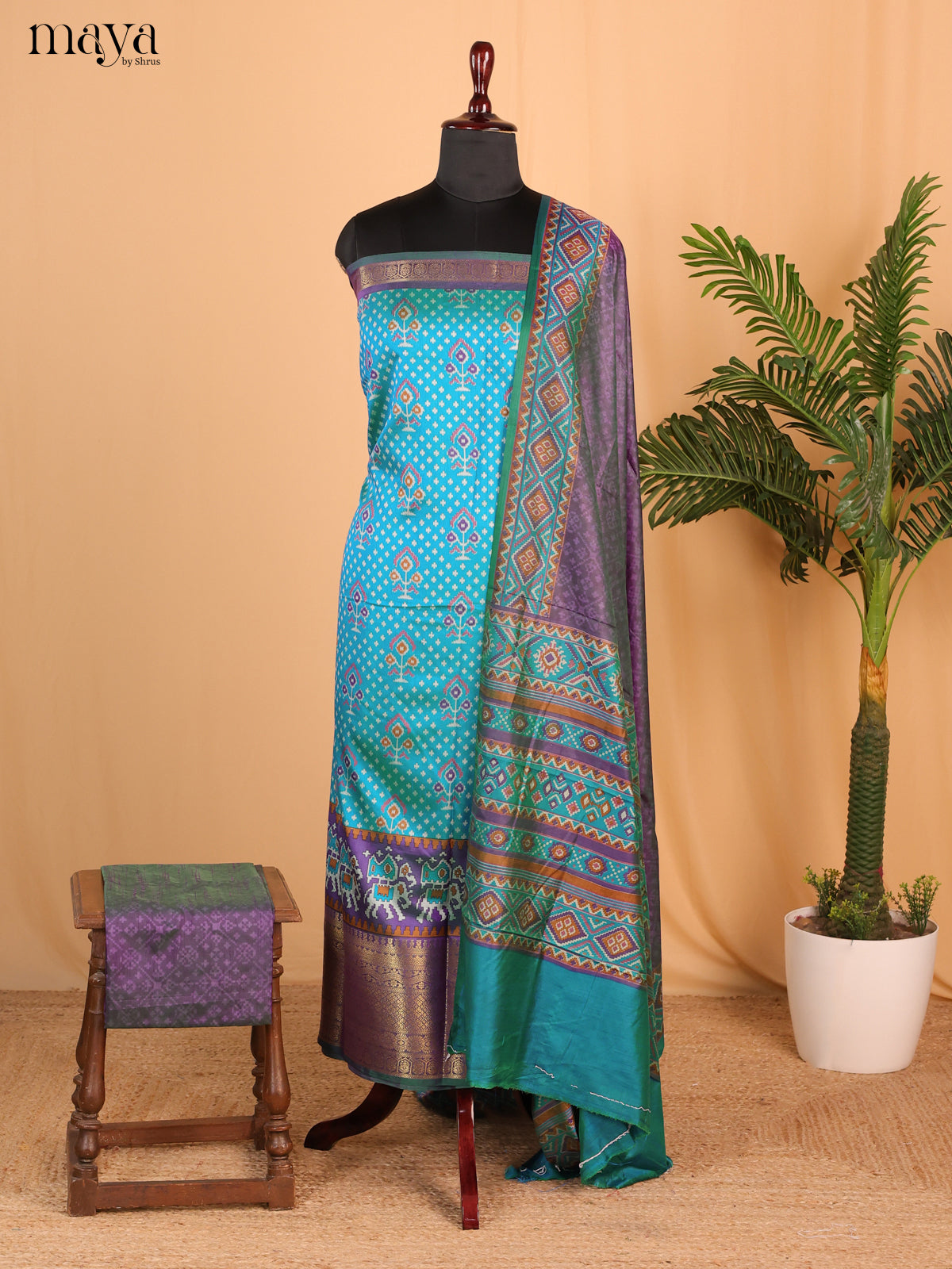 Double shade Teal Blue & Purple Semi Patola Unstitched Top, Bottom & Dupatta - MDB15011