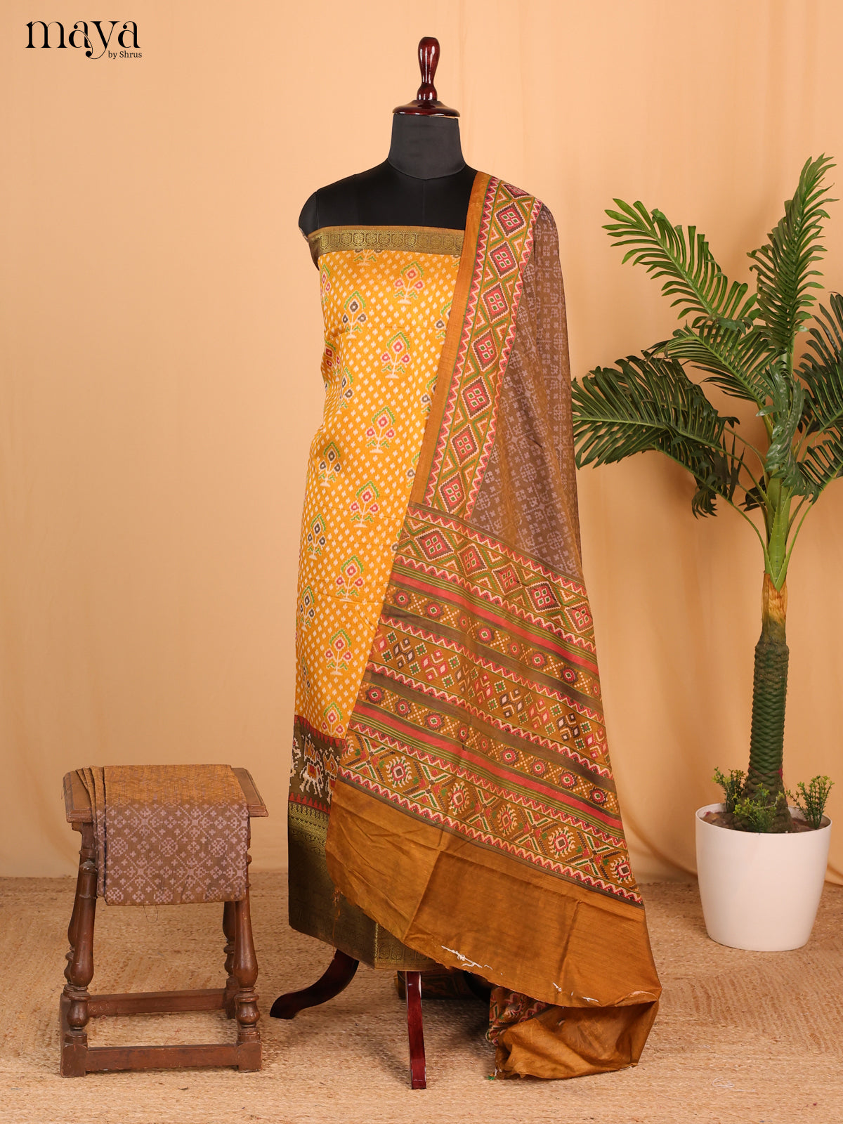 Mustard & Light brown Semi Patola Unstitched Top, Bottom & Dupatta - MDB15012