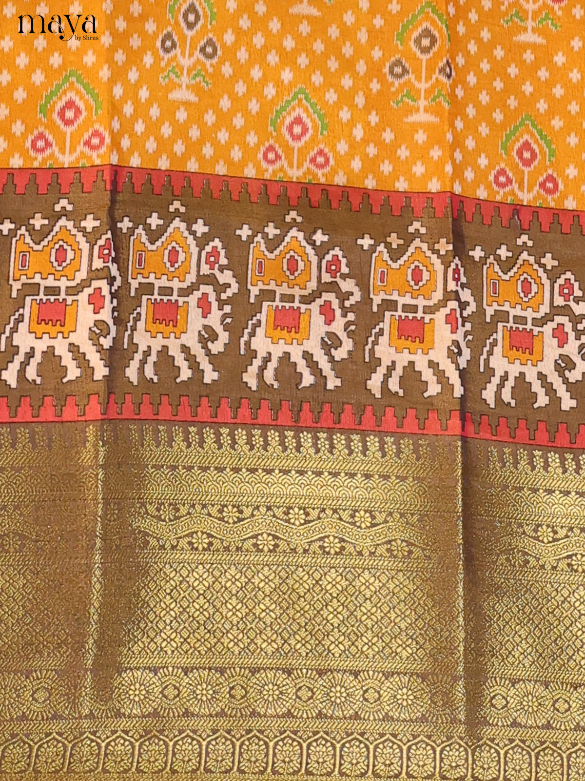 Mustard & Light brown Semi Patola Unstitched Top, Bottom & Dupatta - MDB15012