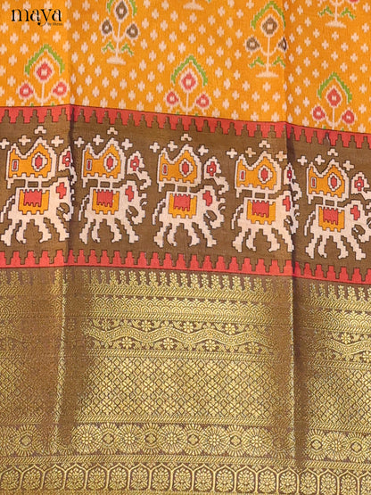 Mustard & Light brown Semi Patola Unstitched Top, Bottom & Dupatta - MDB15012