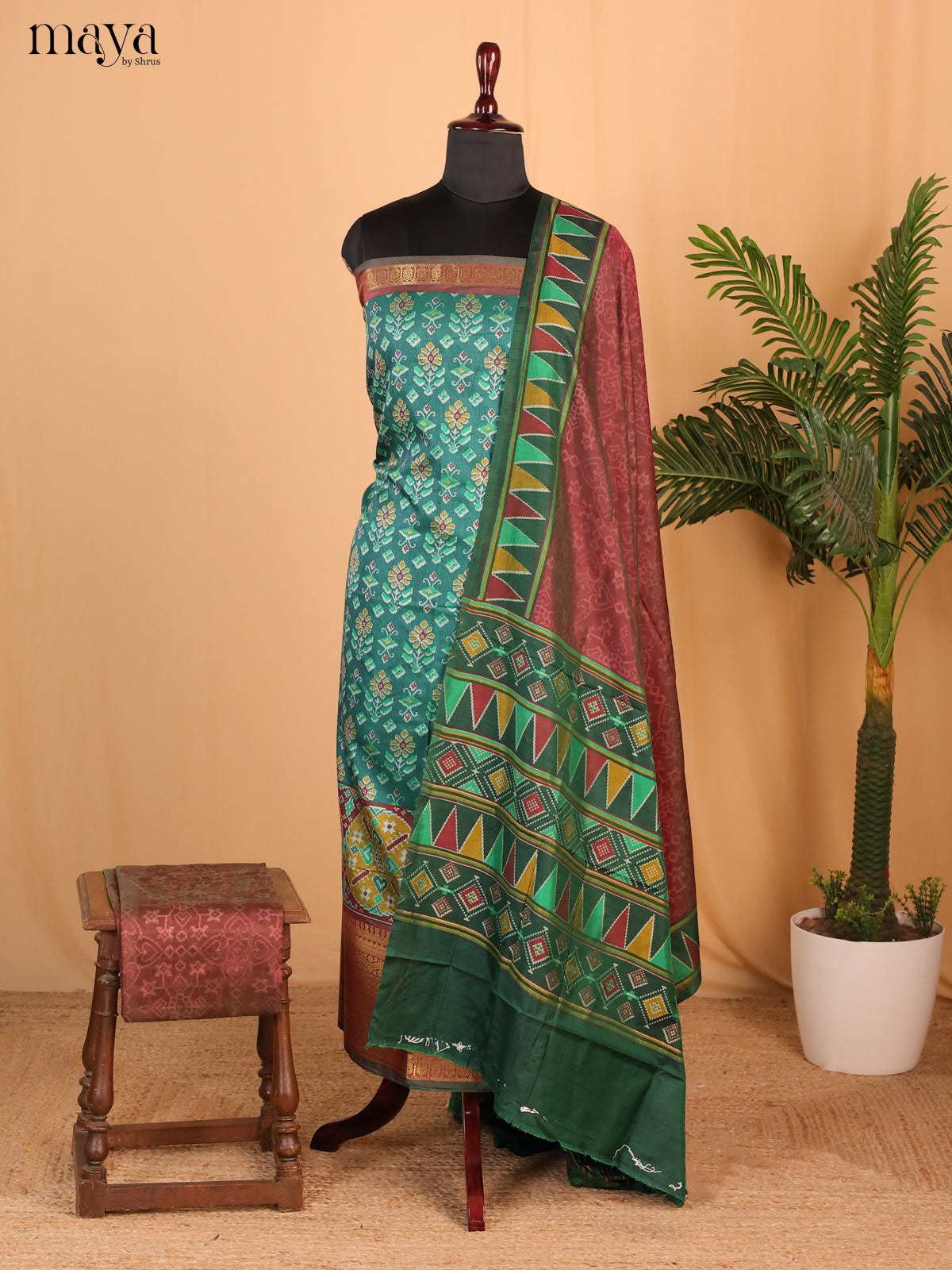 Dark Green & Brown Semi Patola Unstitched Top, Bottom & Dupatta - MDB15013