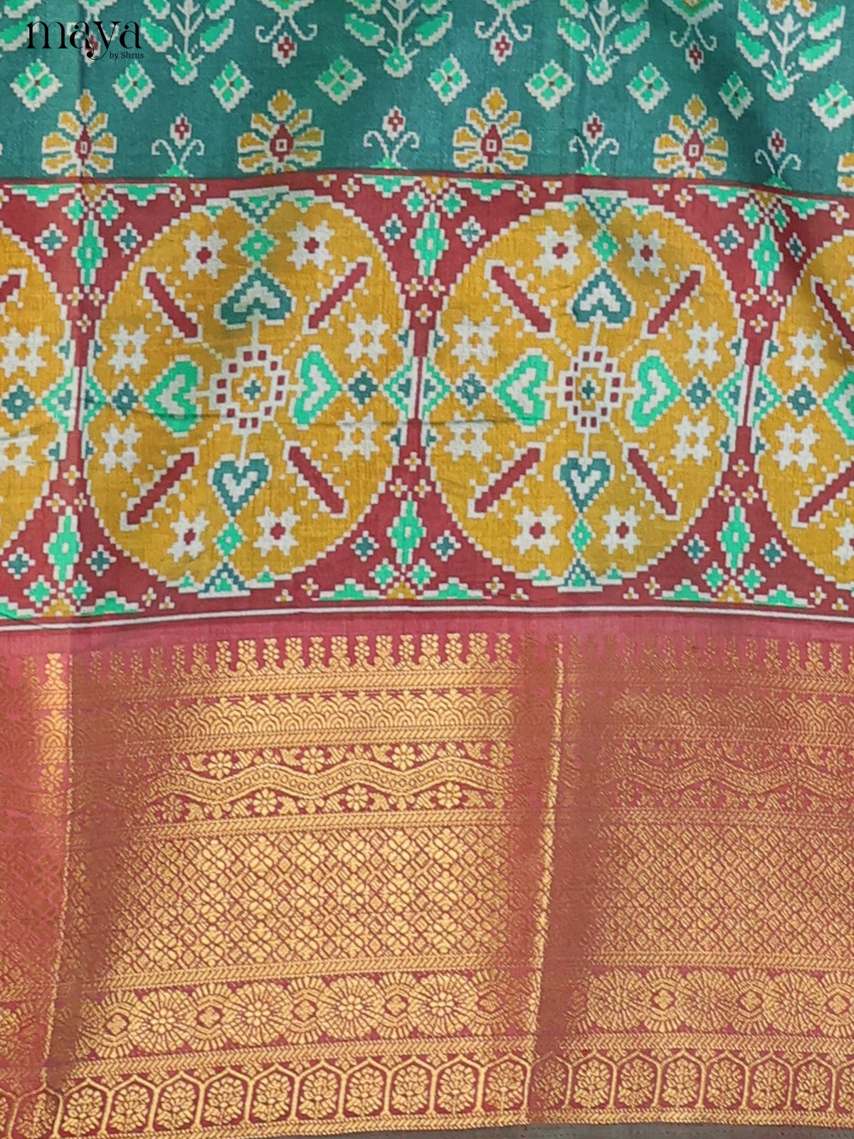 Dark Green & Brown Semi Patola Unstitched Top, Bottom & Dupatta - MDB15013