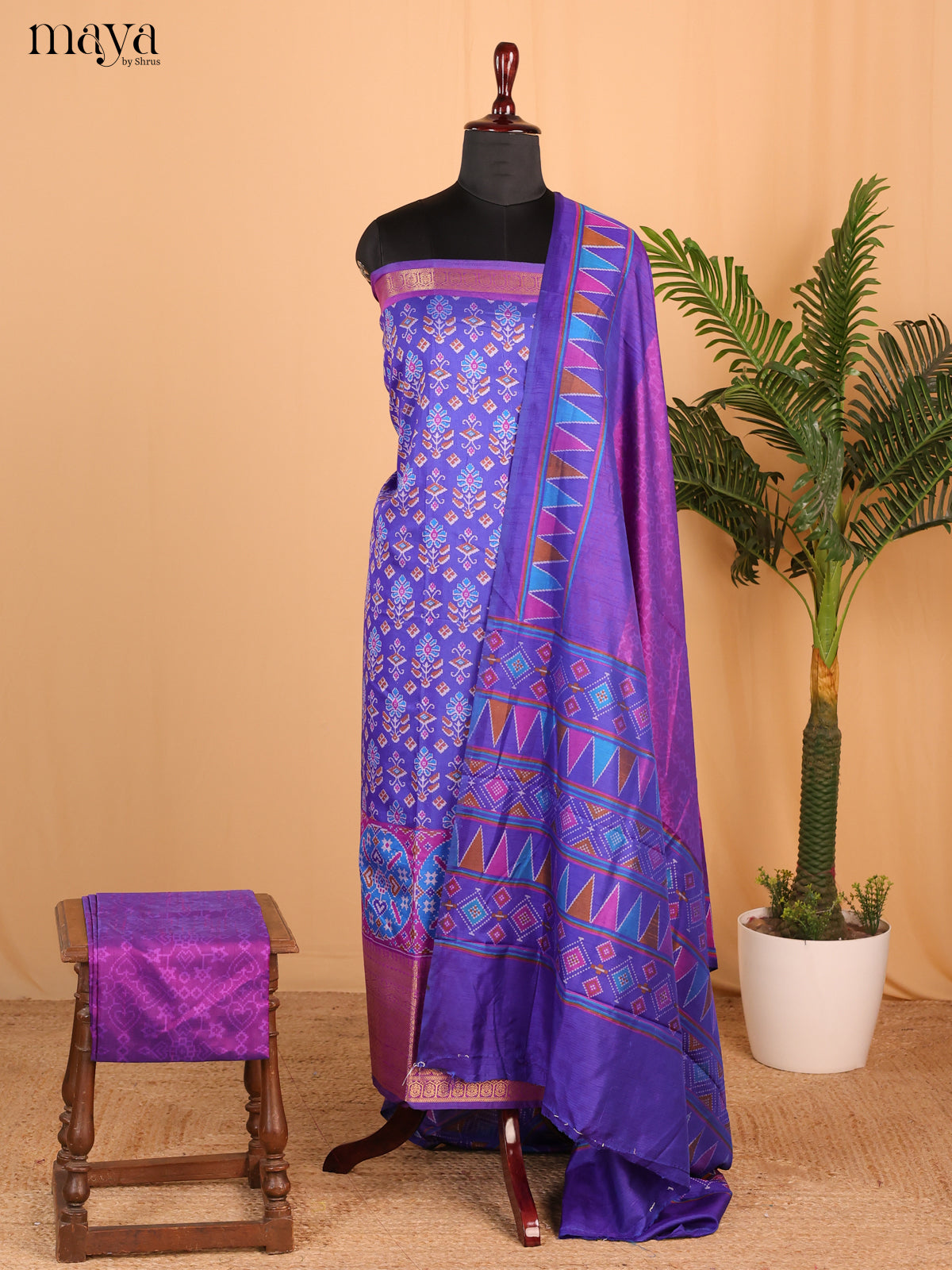 Royal Blue & purple Semi Patola Unstitched Top, Bottom & Dupatta - MDB15014