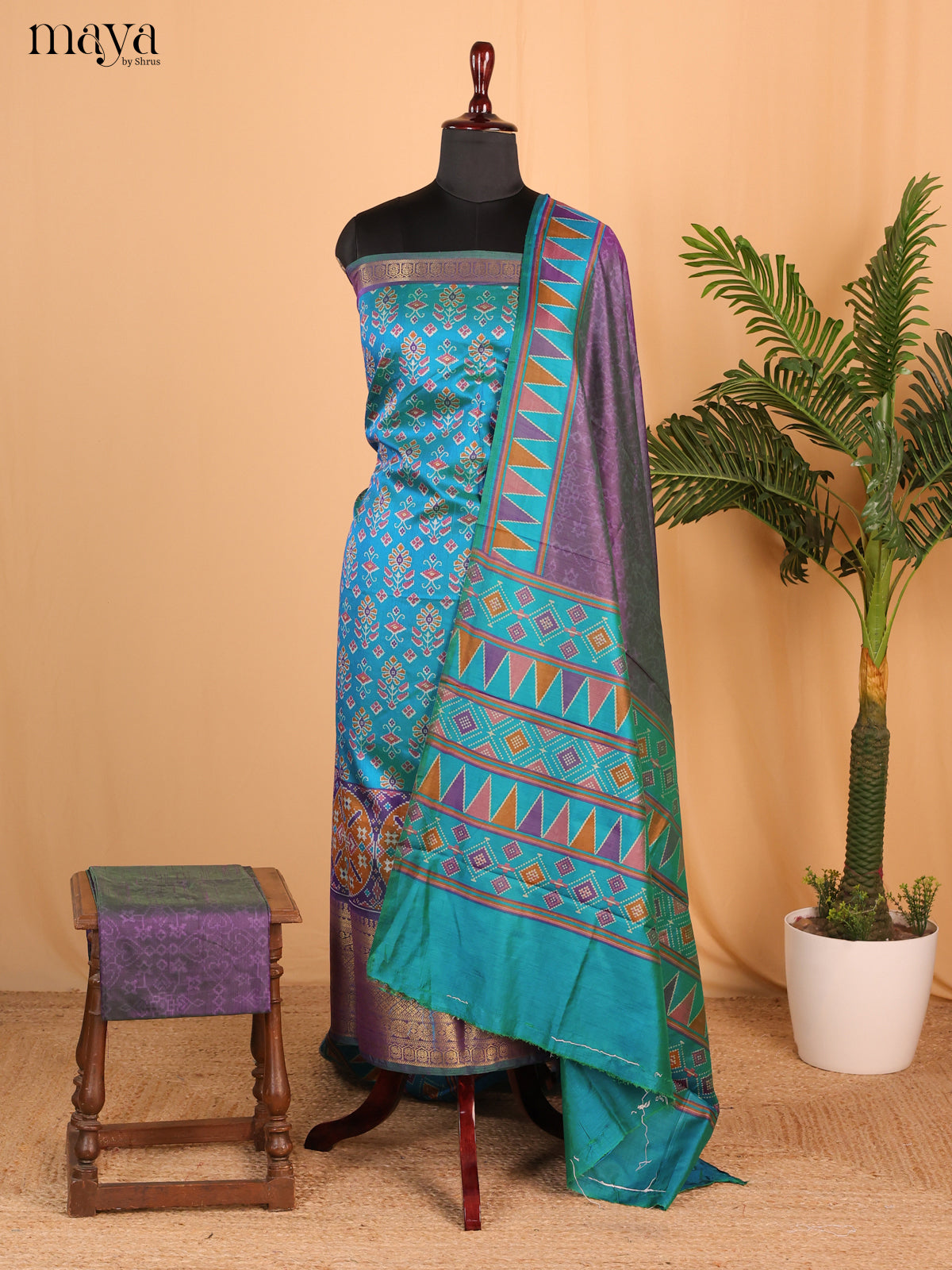 Blue & Purple Semi Patola Unstitched Top, Bottom & Dupatta - MDB15015