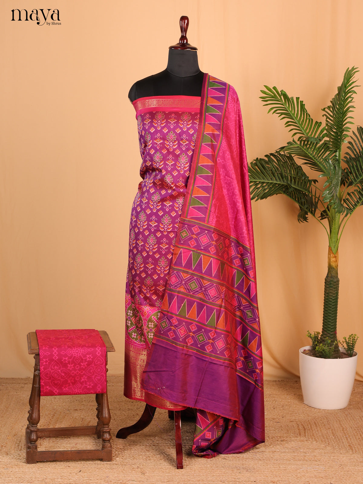 Purple & Magenta Semi Patola Unstitched Top, Bottom & Dupatta - MDB15016