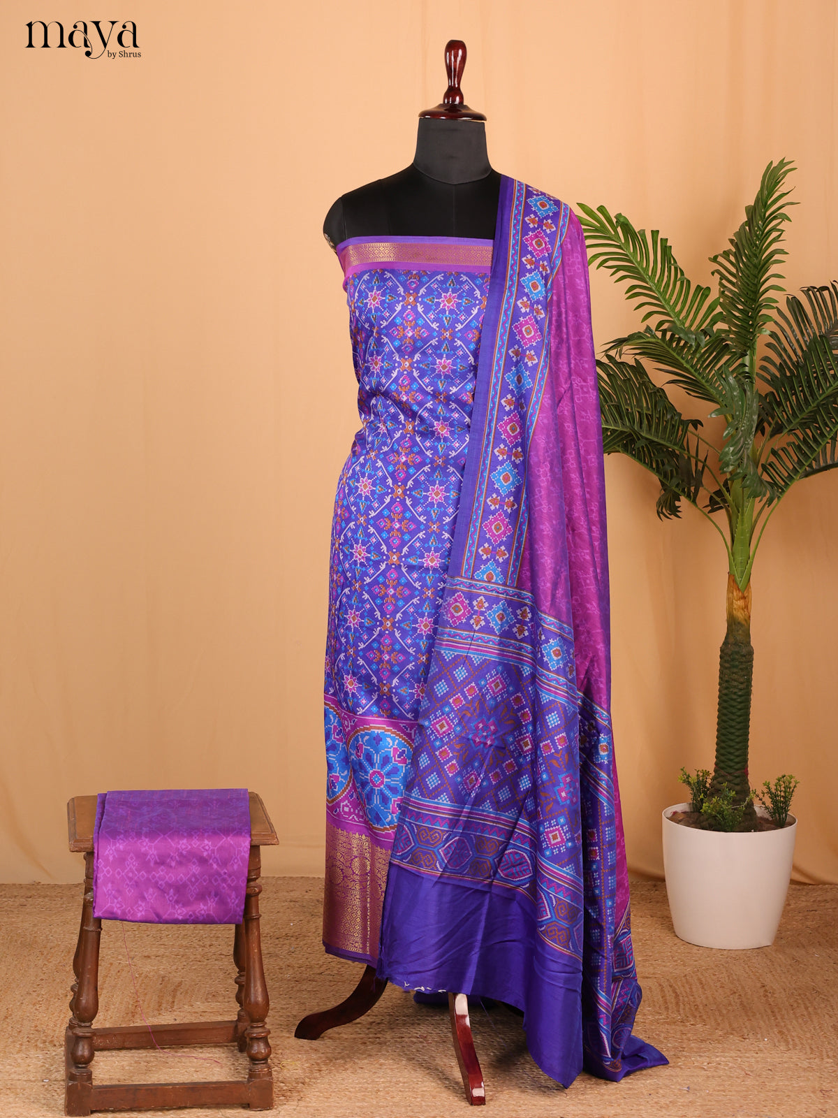 Blue & Purple Semi Patola Unstitched Top, Bottom & Dupatta - MDB15017