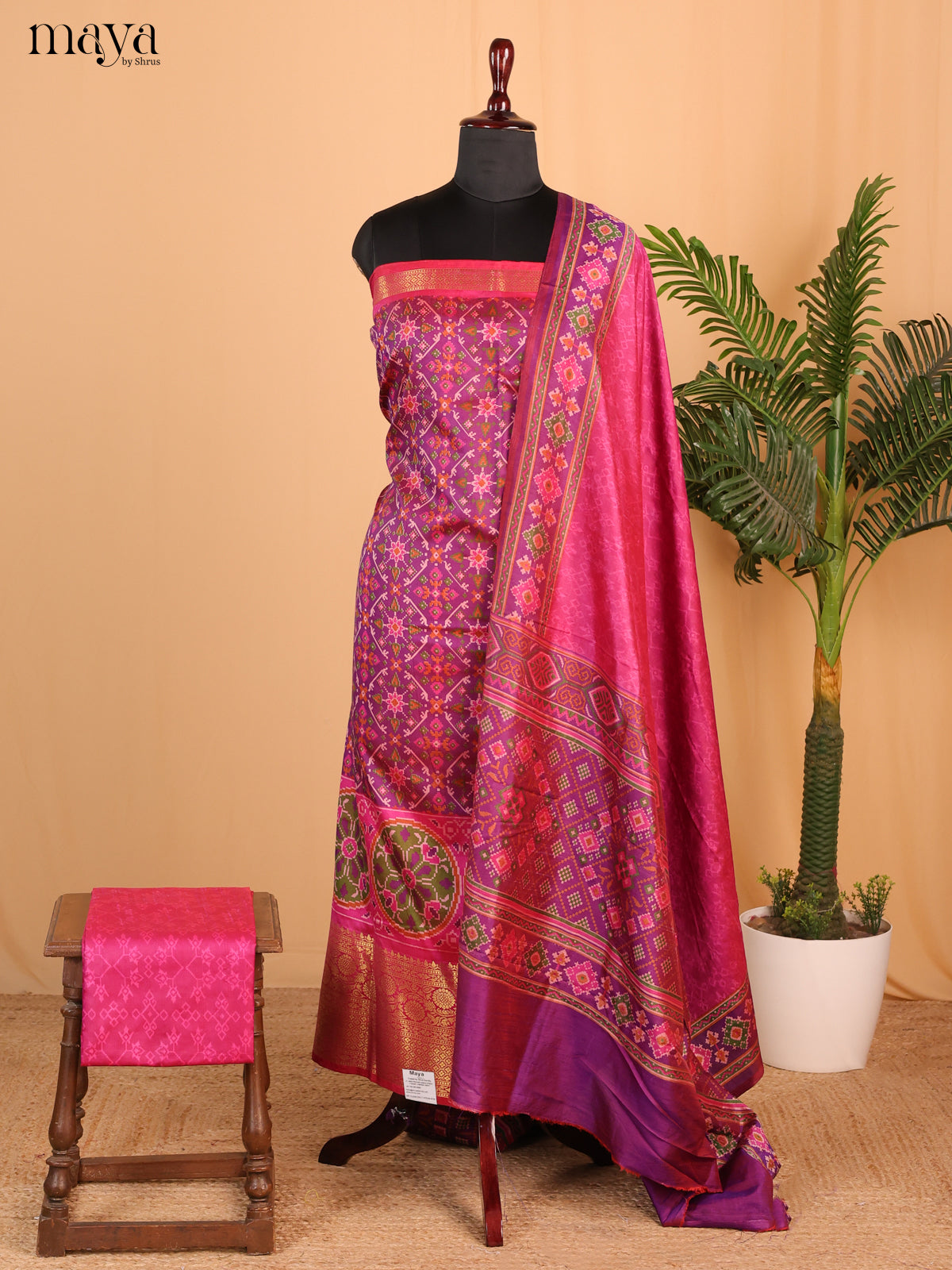 Purple & magenta Semi Patola Unstitched Top, Bottom & Dupatta - MDB15018
