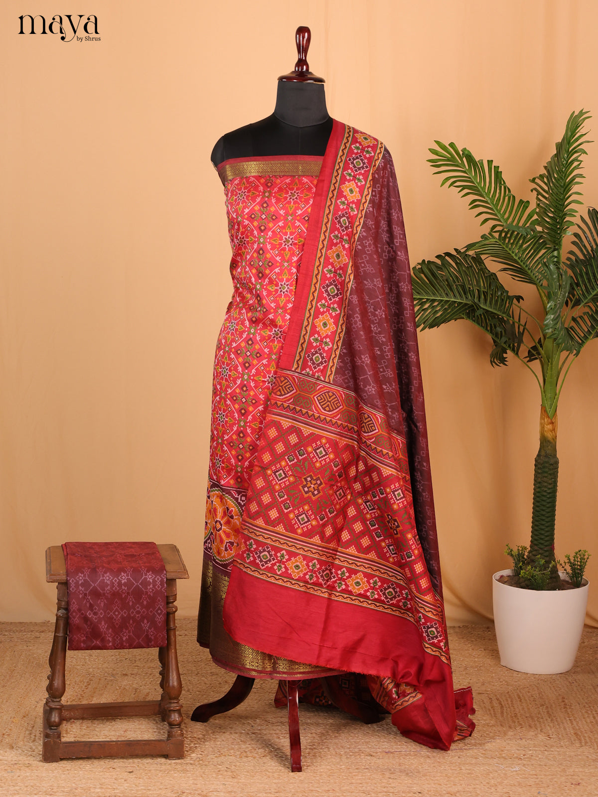 Red & Light Maroon Semi Patola Unstitched Top, Bottom & Dupatta - MDB15019