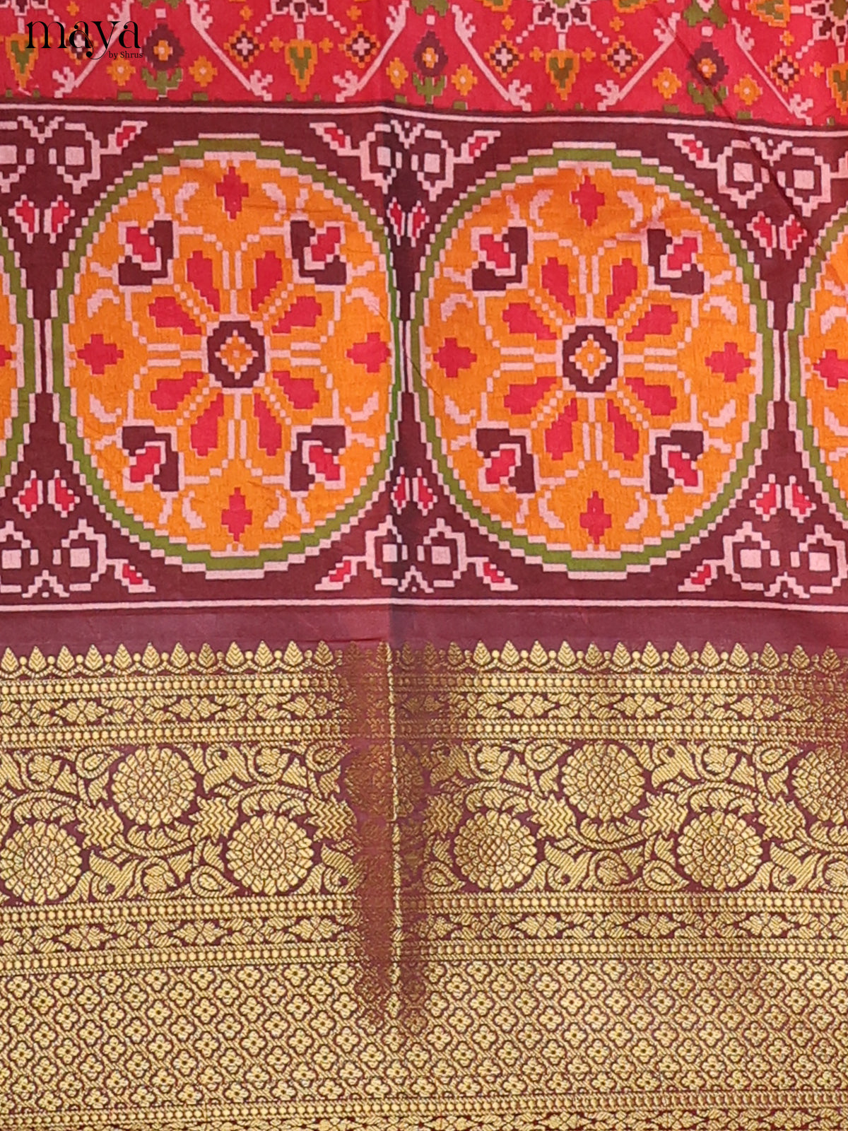 Red & Light Maroon Semi Patola Unstitched Top, Bottom & Dupatta - MDB15019