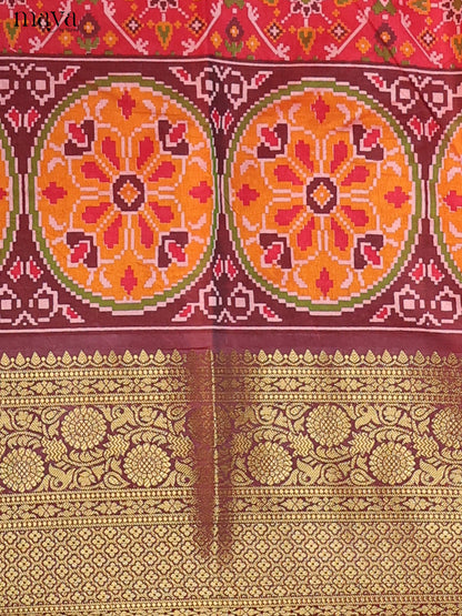 Red & Light Maroon Semi Patola Unstitched Top, Bottom & Dupatta - MDB15019